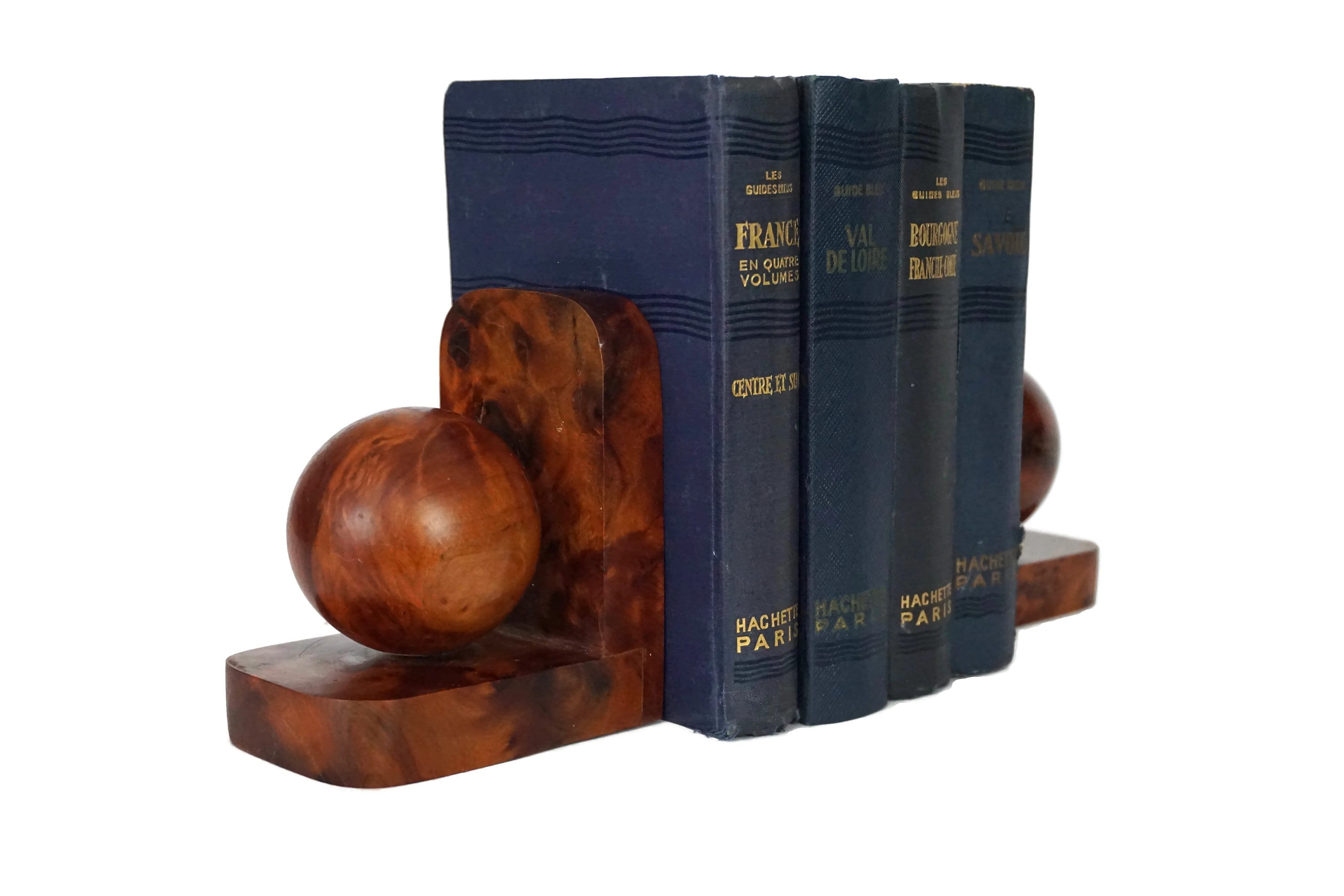 Art Deco Wooden Ball Orb Bookends, Antique French Office and Desk Decor
