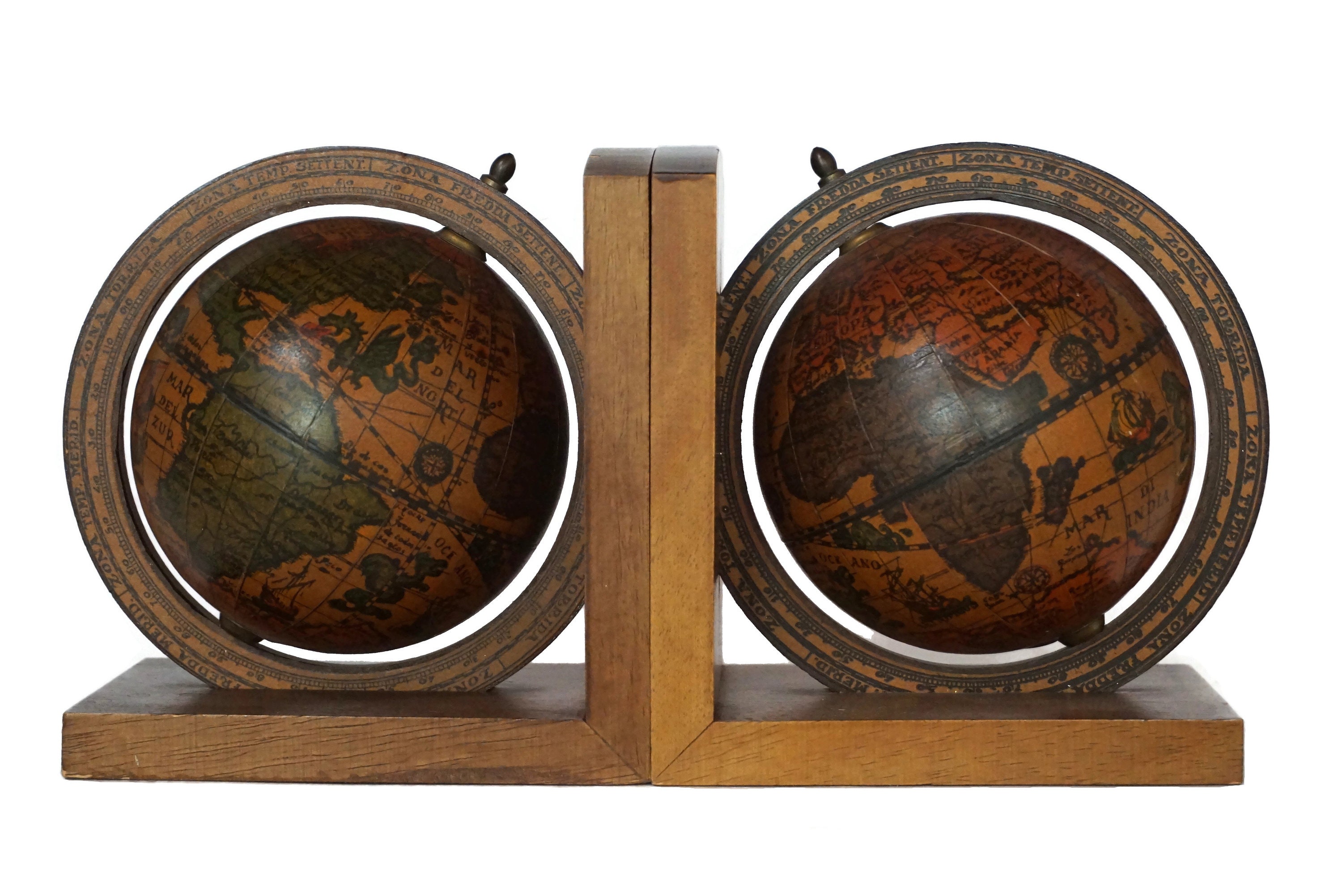 World Globe Wooden Bookends, Earth Map Desk and Office Decor