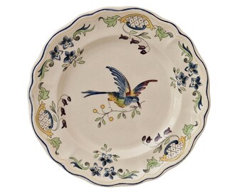 French Faience Wall Plate with Bird of Paradise and Flowers by Longchamp in Clery Pattern, Hand Decorated Ceramic Kitchen Art & Decor