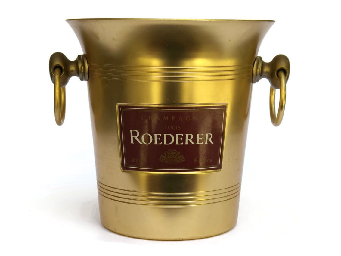 Gold Champagne Cooler Bucket with French Advertising for Louis Roederer