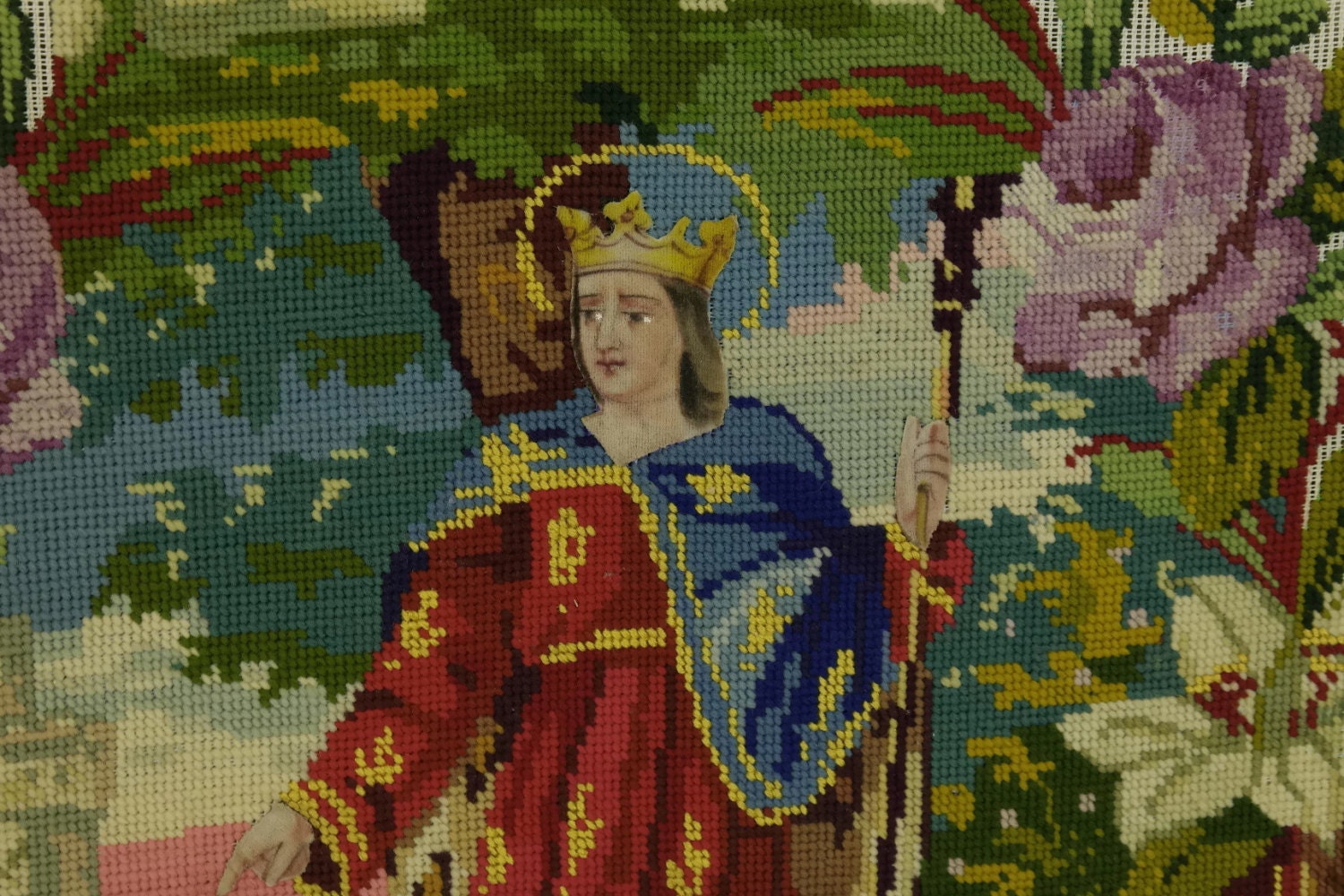 Antique French Tapestry of Saint Louis. Religious Antique Needlepoint