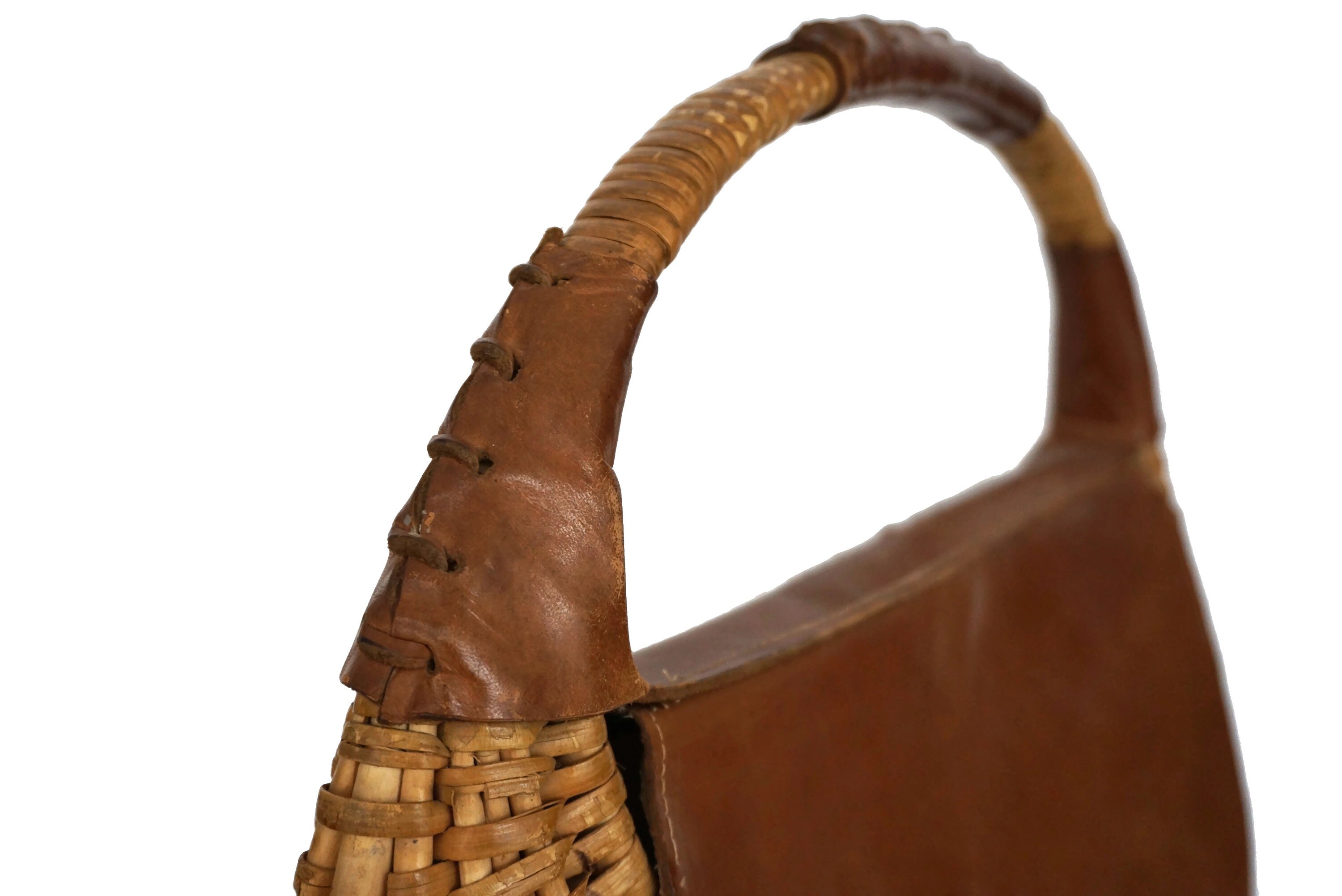 Leather and Wicker Shoulder Bag, French Mid Century Basket Purse