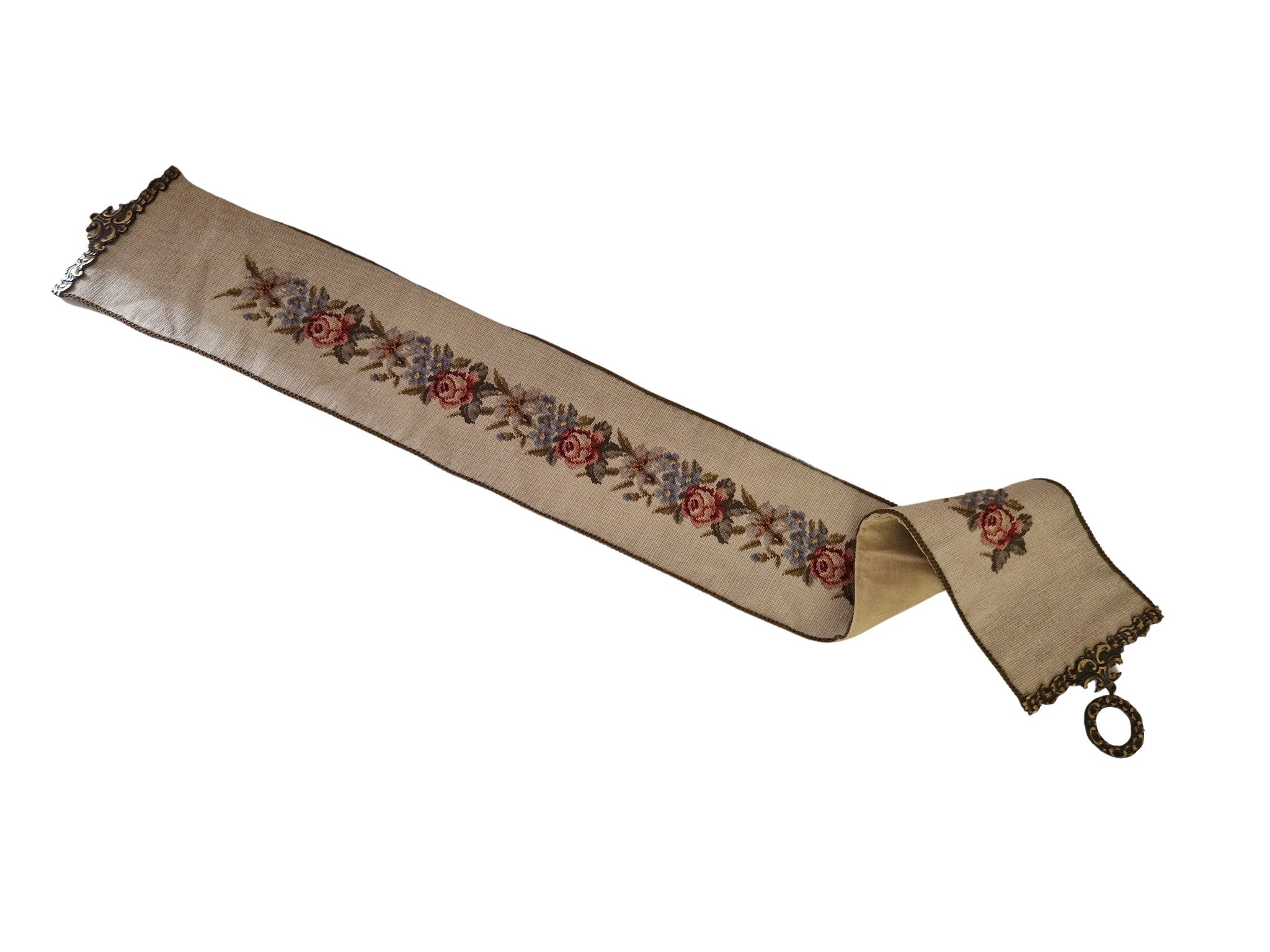 French Rose Tapestry Bell Pull, Vintage Needlework Flower Wall Hanging