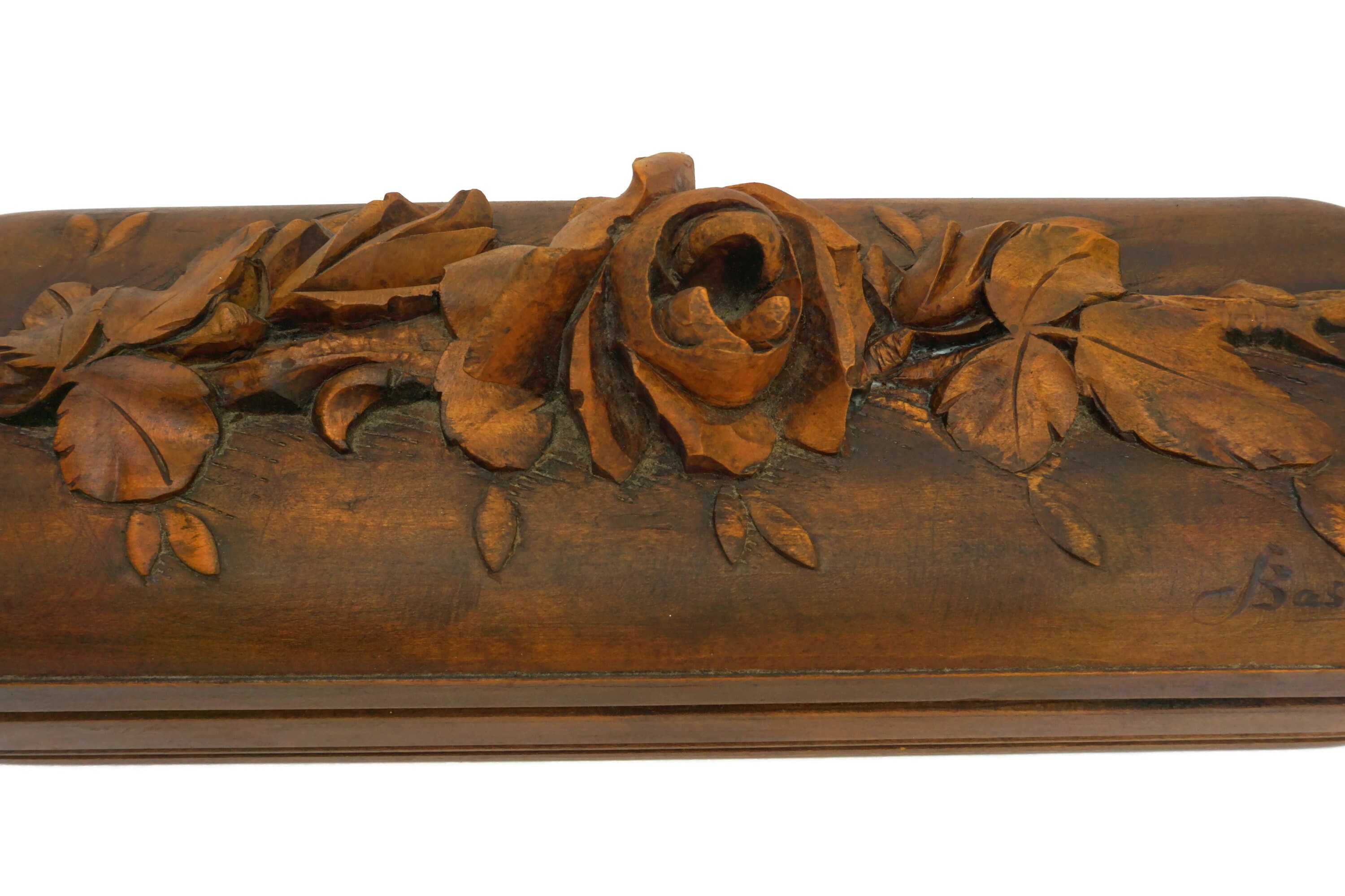 Antique French Rose Jewelry Box, Carved Wood Flower Trinket Box