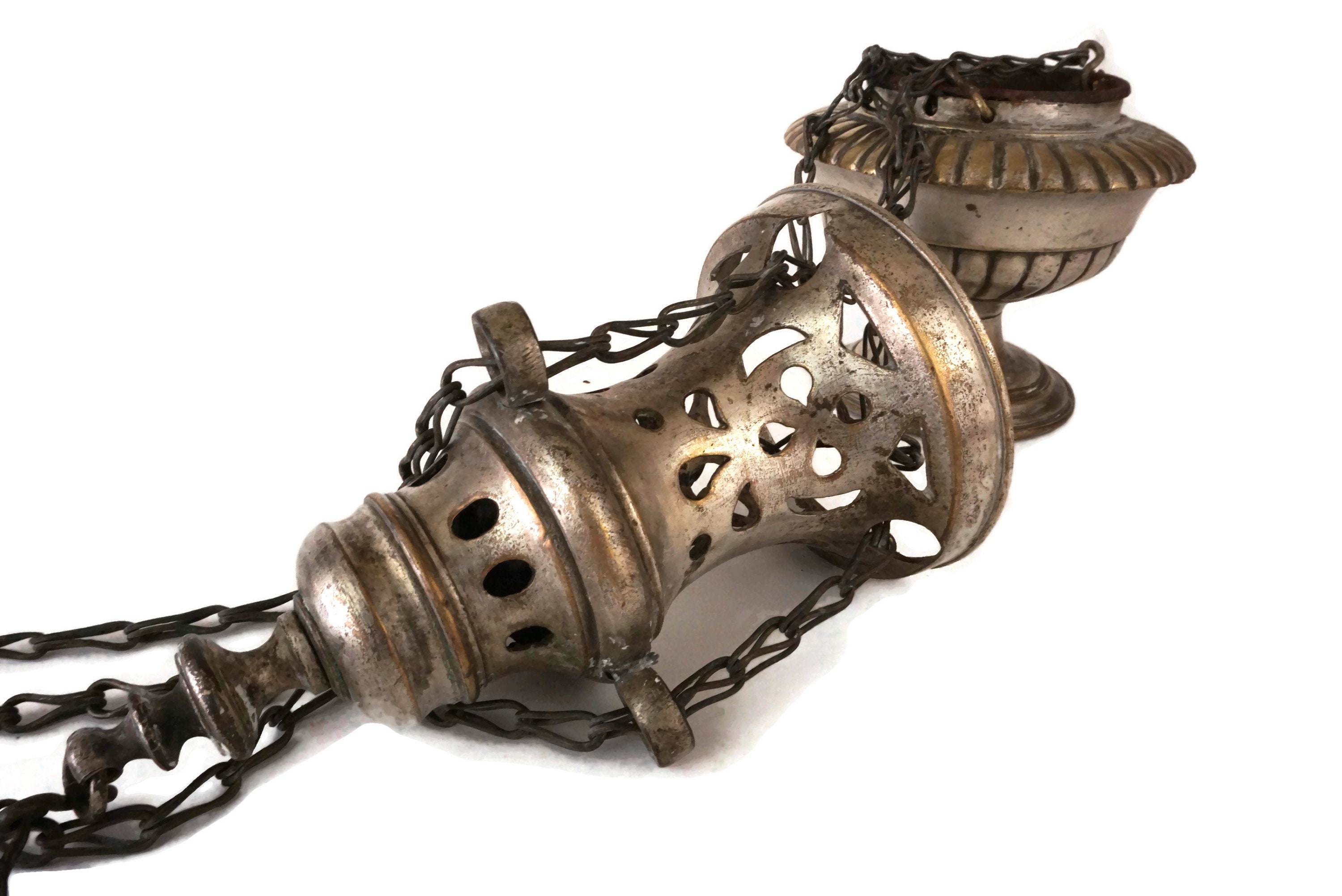 Antique French Church Incense Thurible, Catholic Mass Hanging Censer