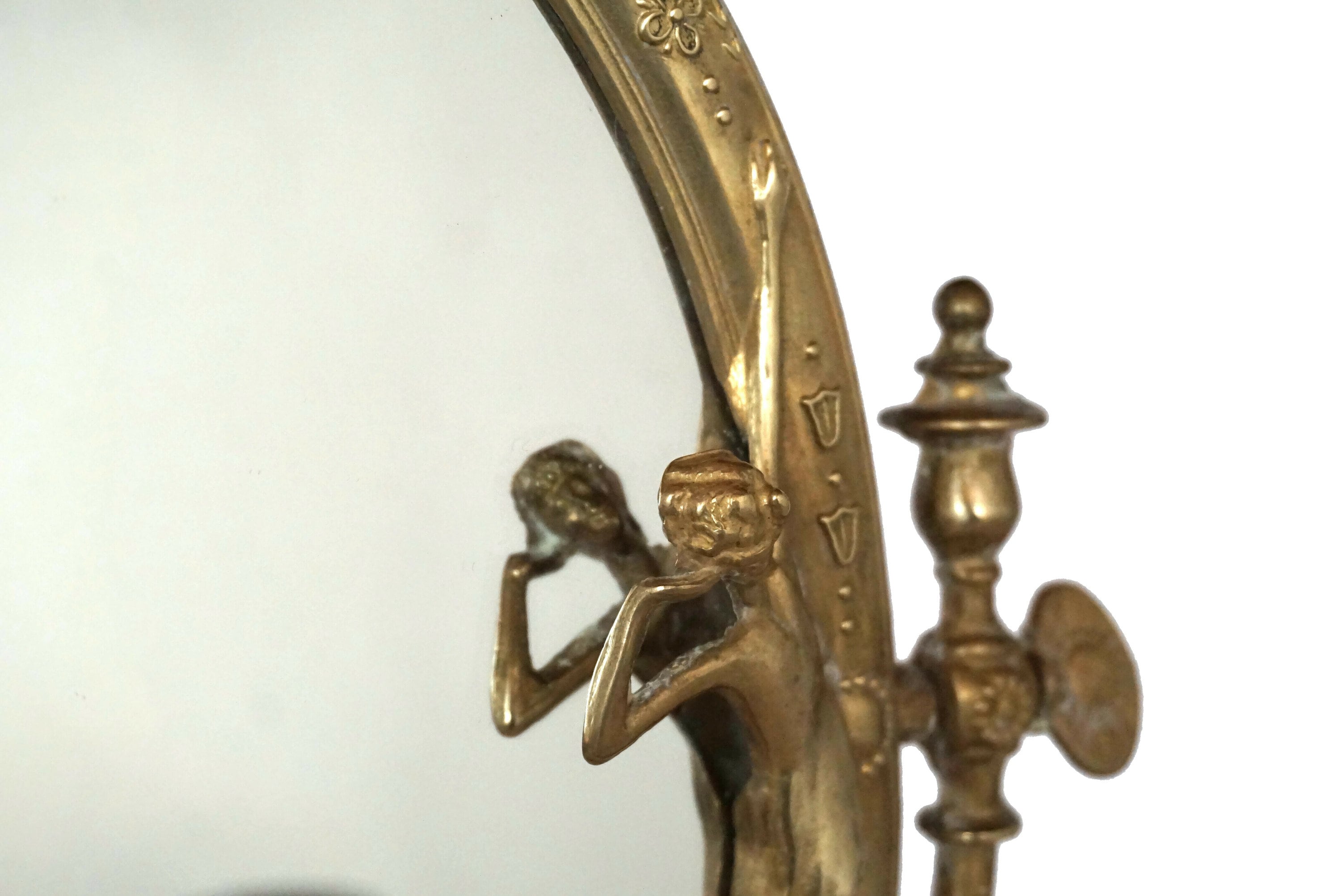 Brass Standing Vanity Mirror with Woman Figurine, Adjustable Art