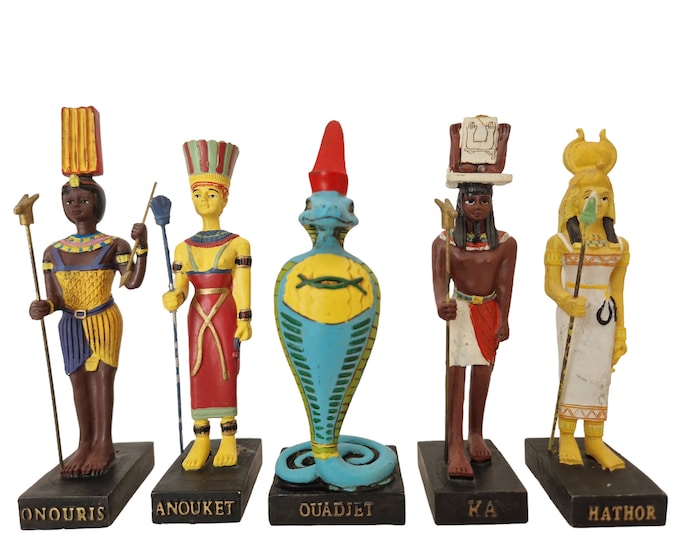 Vintage Egyptian God Figurines, Set of 5 with Onouris, Anouket, Ouadjet, Ka, Hathor, Ancient Egypt Mythology Hachette Collection