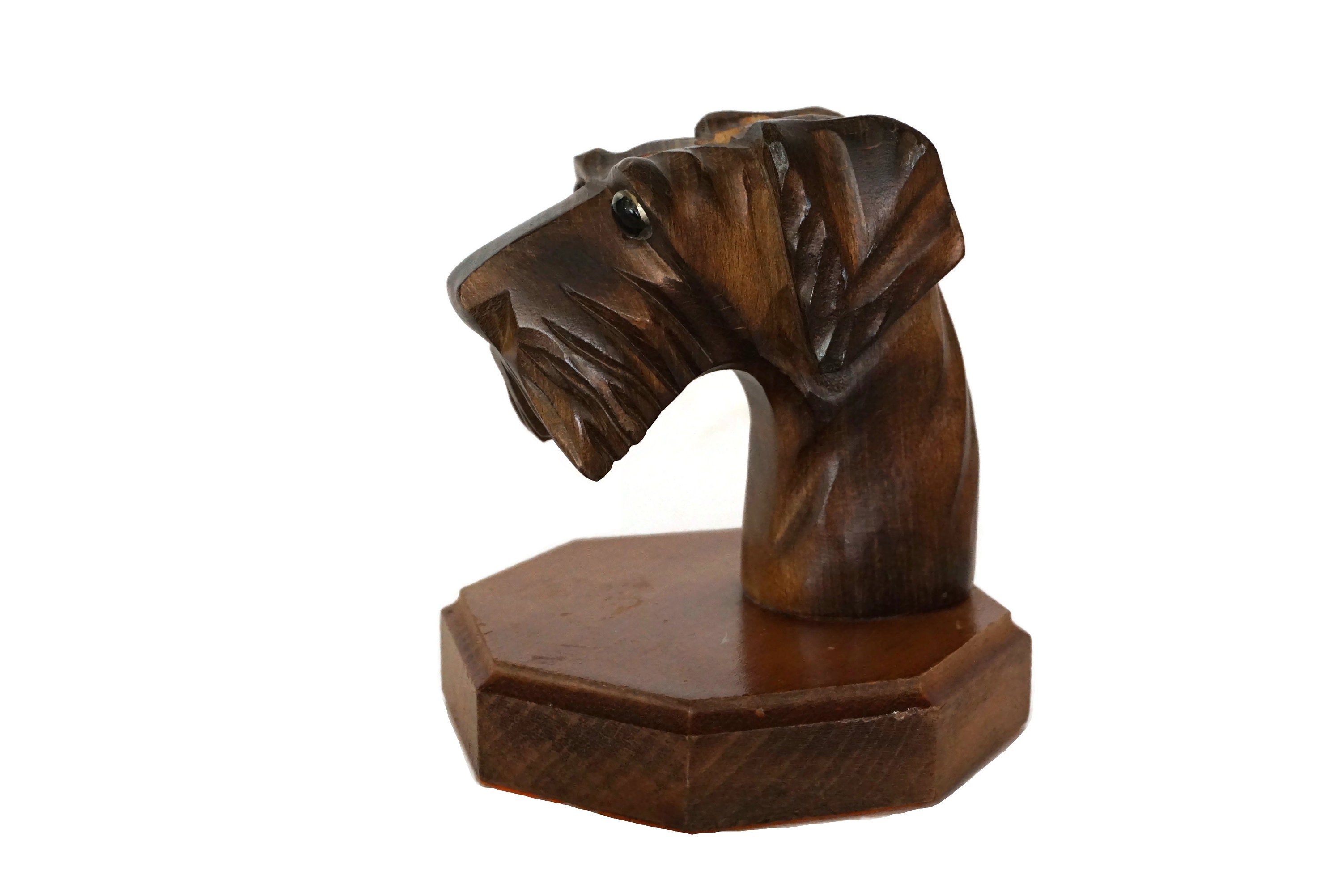 Art Deco Figurine Pencil Holder, French Antique Hand Carved Wood Terrier