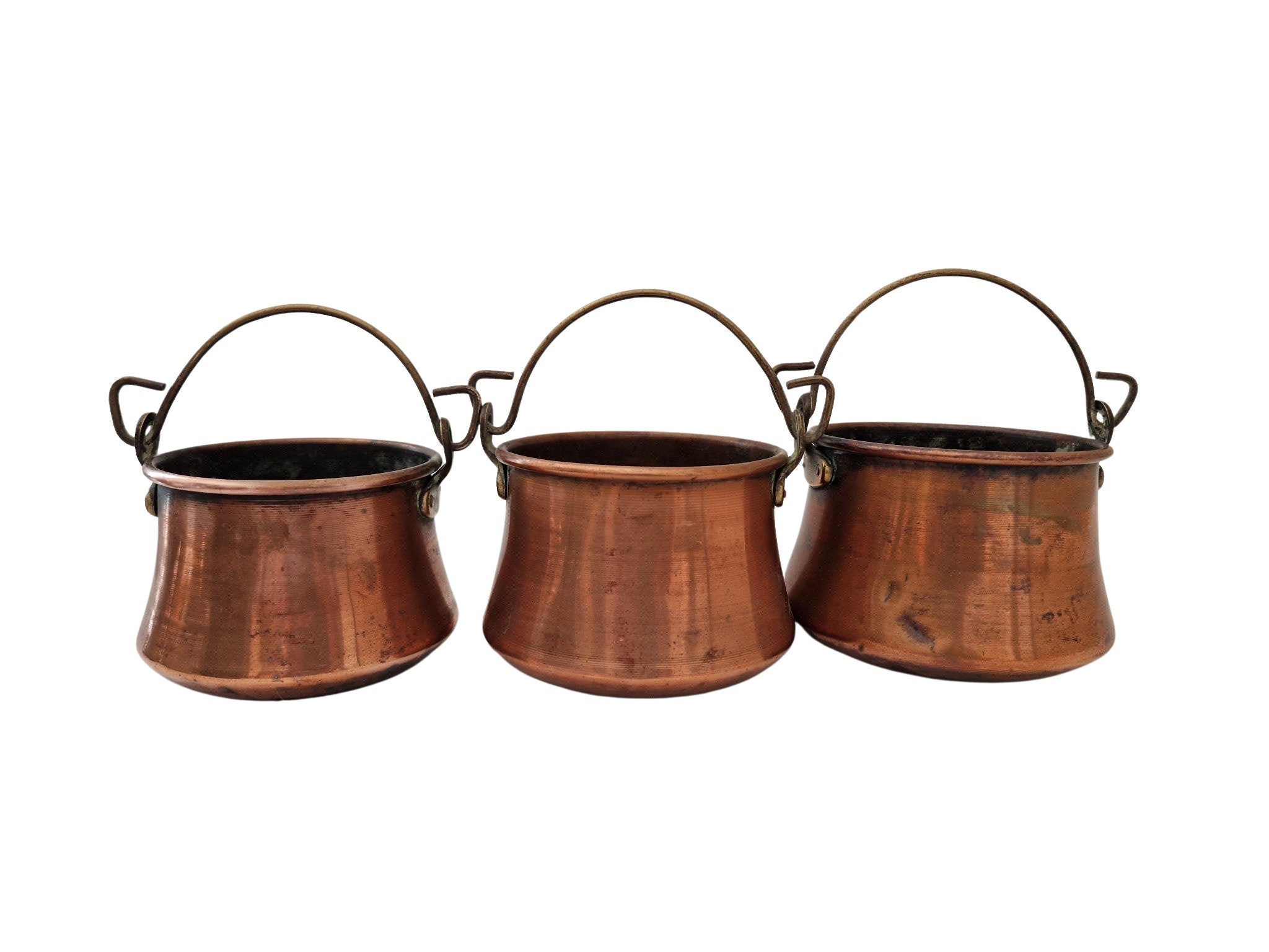 Mid Century French Copper Cauldrons, Set of 3, Rustic Country Kitchen