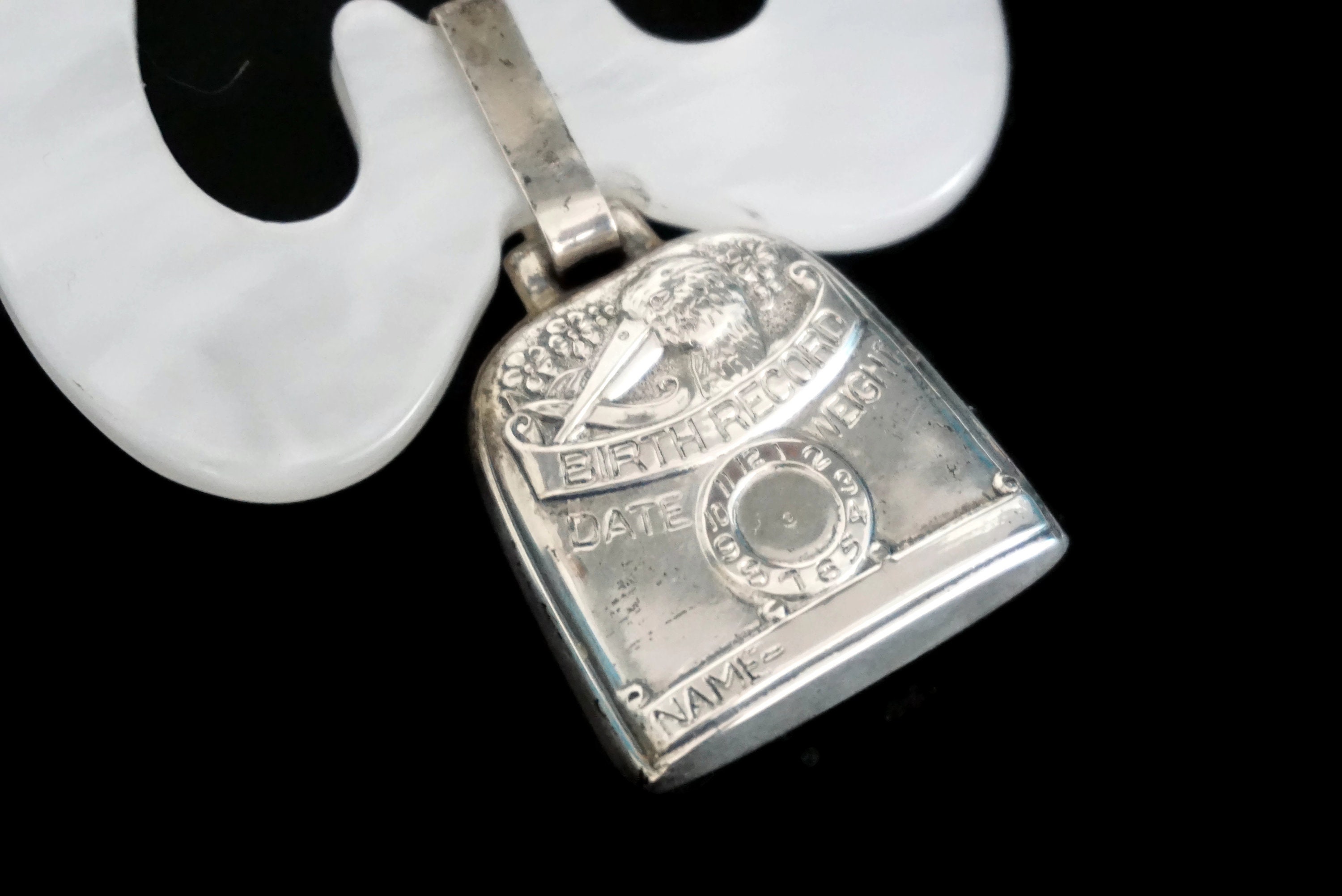 Sterling Silver Baby Rattle and Teething Ring with Birth Record and Stork