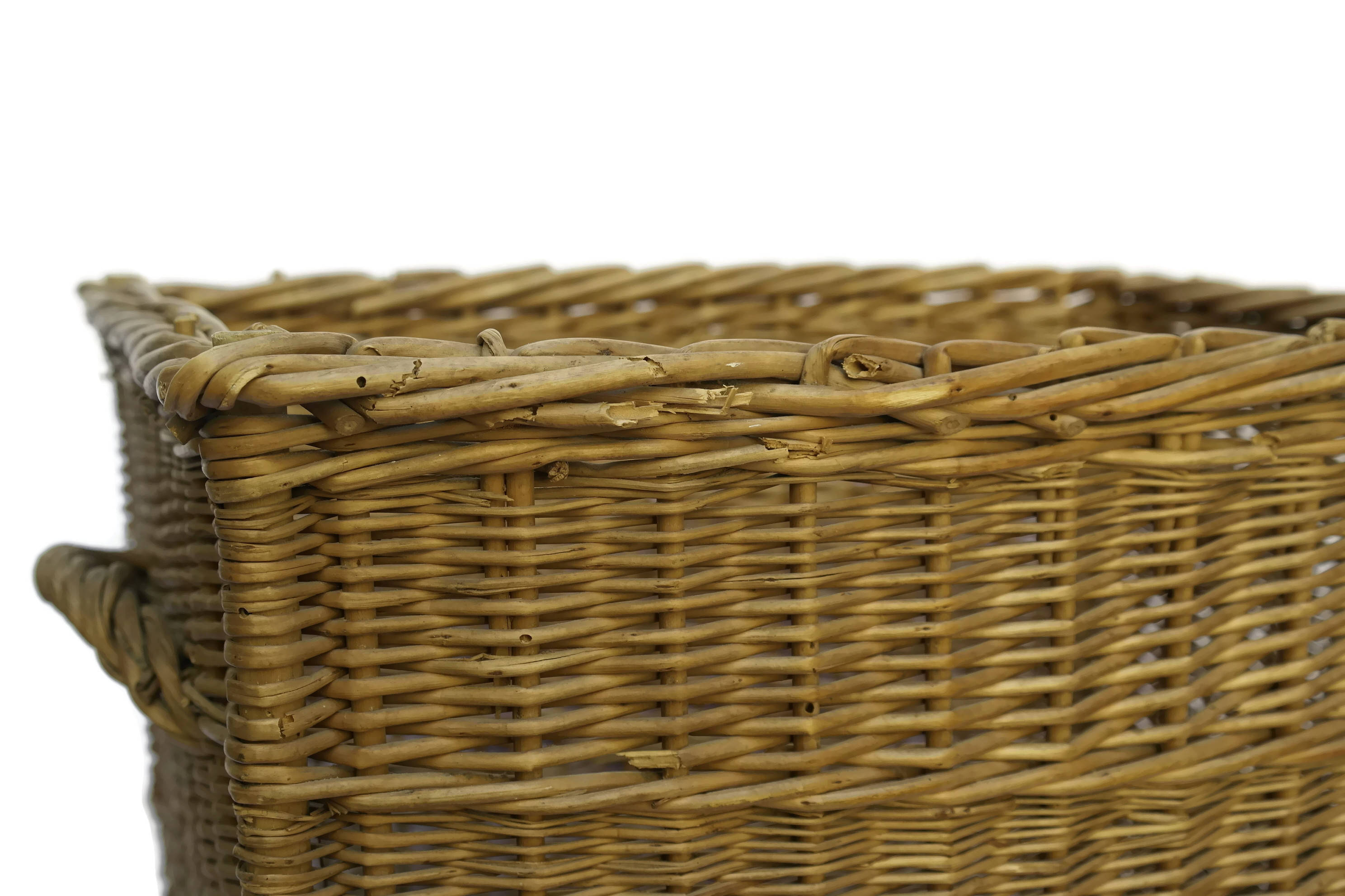 Antique French Laundry Basket. Woven Handled Basket. Rustic Bathroom Decor.