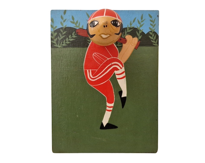 Hand Painted Coat Hook with Baseball Player, Made in Haiti, Vintage Wall Hanging Sports Decor