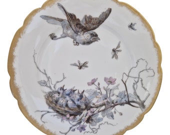 Antique Limoges Porcelain Wall Plate with Hand Painted Birds and Insects by Adolphe Hache & Cie, French Cabinet Plate