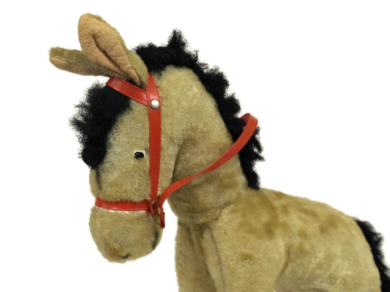 Vintage Stuffed Toy Pony Plush, Donkey Doll with Red Bridle, Kids Room