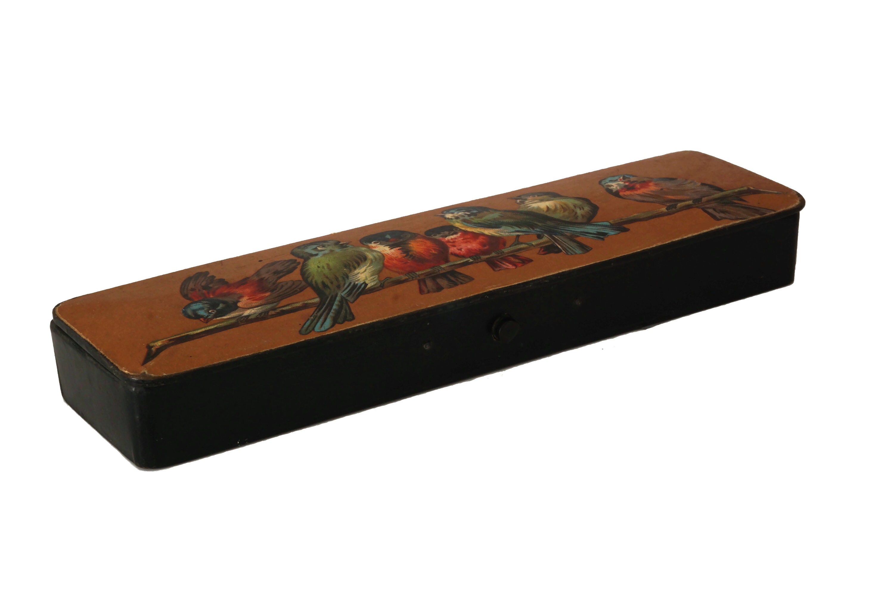 French Antique Pencil Case with Birds Art Print, Black Lacquer Pen Box