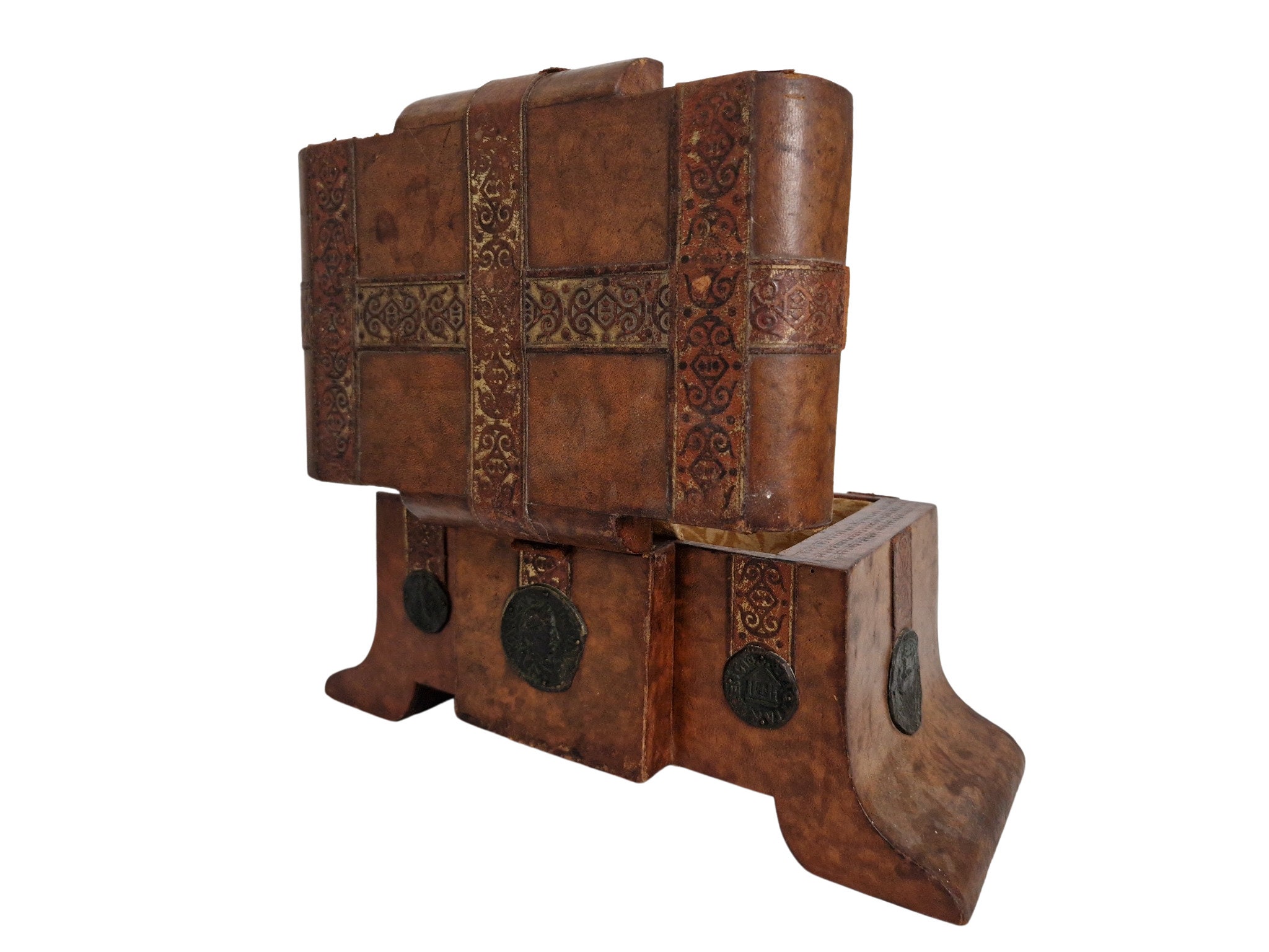 French Antique Leather Candy Box with Medals and Coins by La Marquise