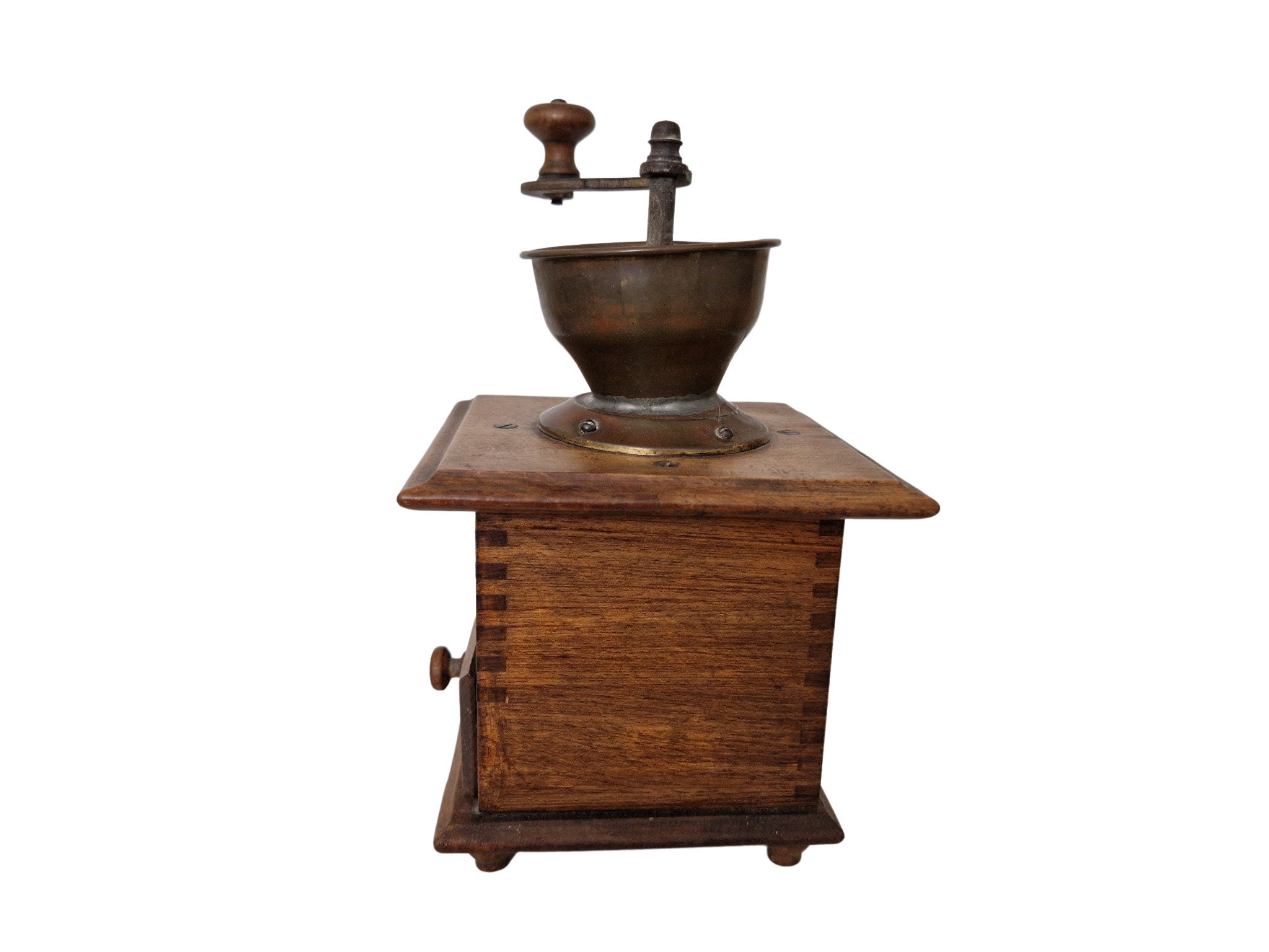 Antique Wood Manual Coffee Mill Grinder by Peter Dienes, French Country