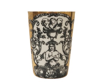 1960s Italian Pen & Pencil Holder Cup by Piero Fornasetti for Bucciarelli, Gold Black and White Porcelain Goblet