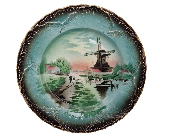 Windmill Stenciled Ceramic Decorative Plate by St Amand, Antique French Wall Hanging