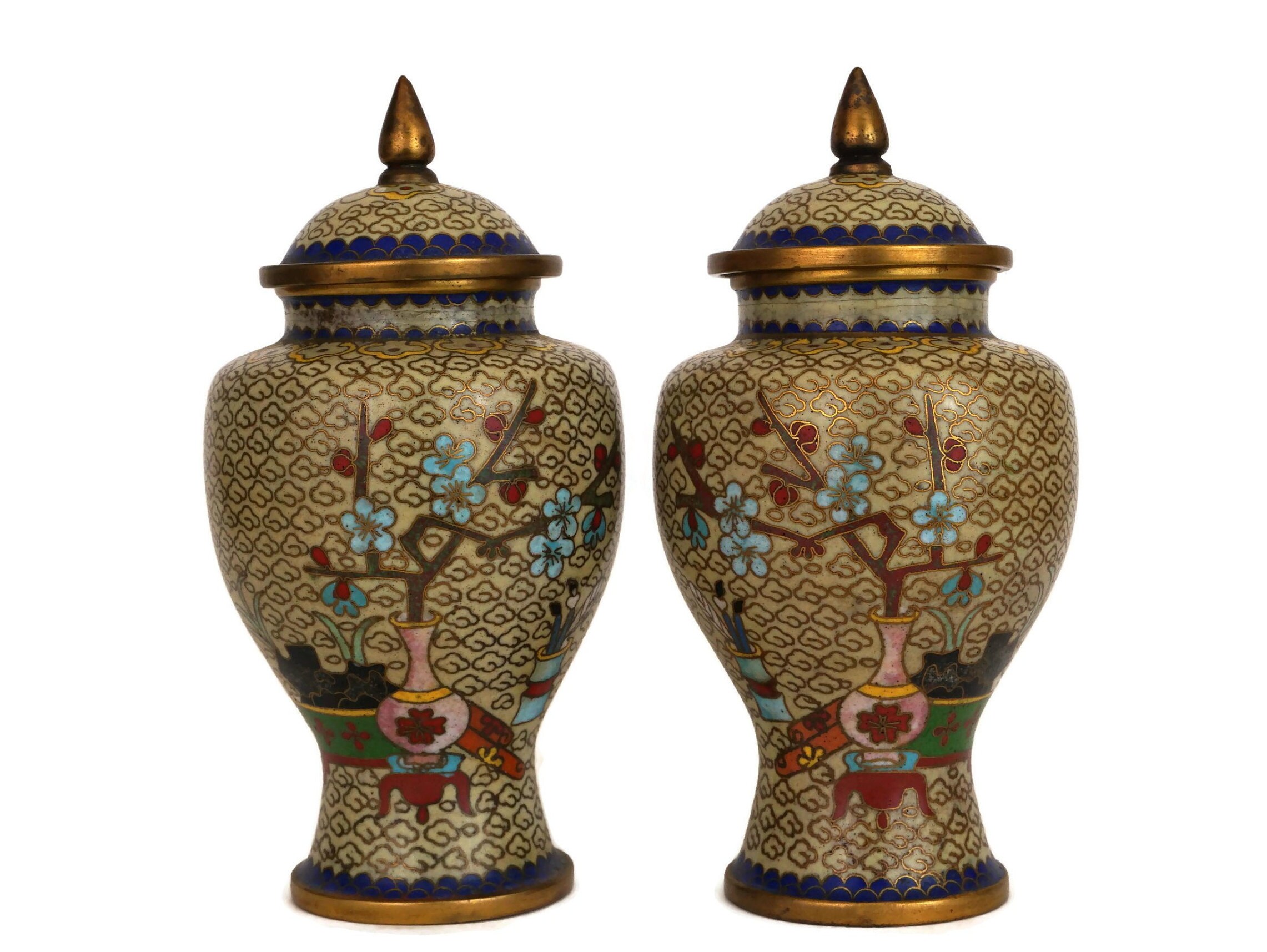 RESERVED for Maysra. Vintage Chinese Cloisonne Urn Pair, Cherry Blossoms Vases with Lid, Enamel