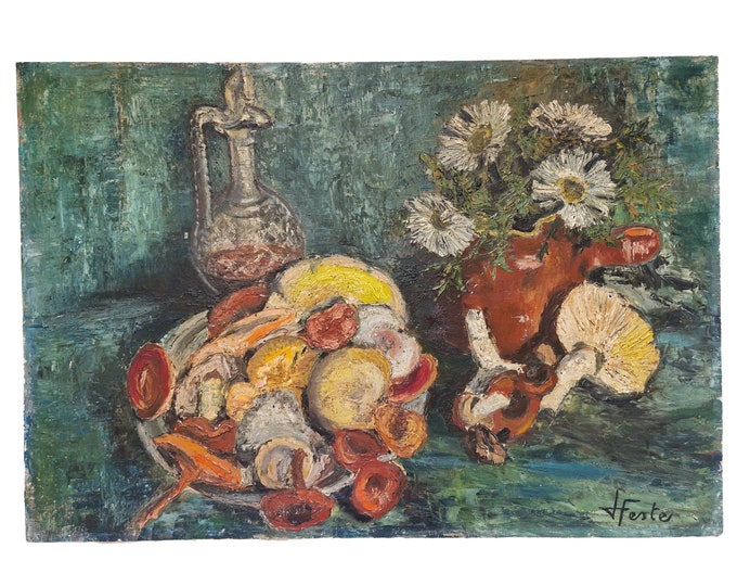 Mid Century Still Life Oil Painting with Mushrooms, Port Wine and Flowers, French Autumnal Fall Wall Art