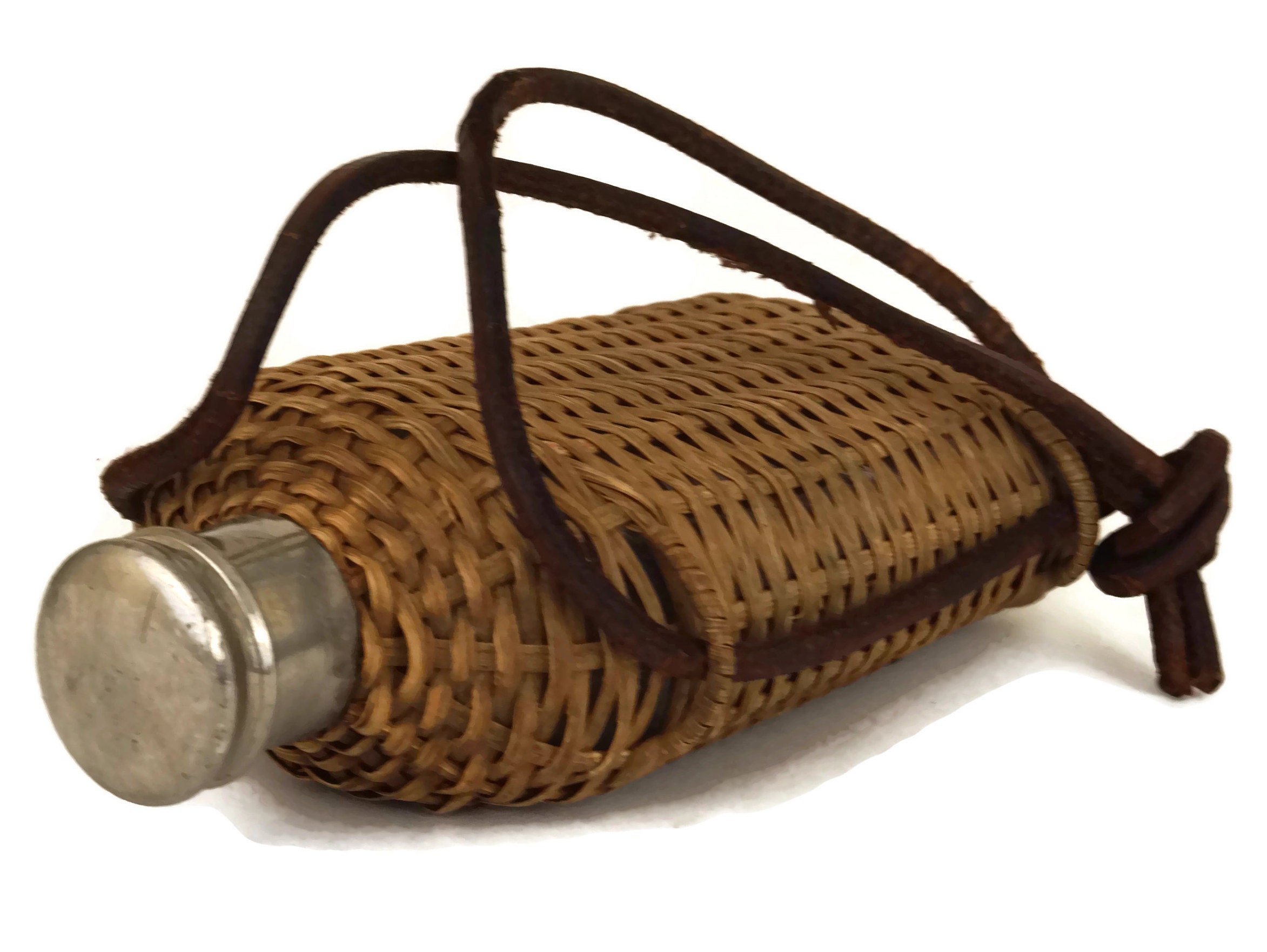 Antique Wicker and Glass Flask with Leather Strap, French Cure Water Bottle