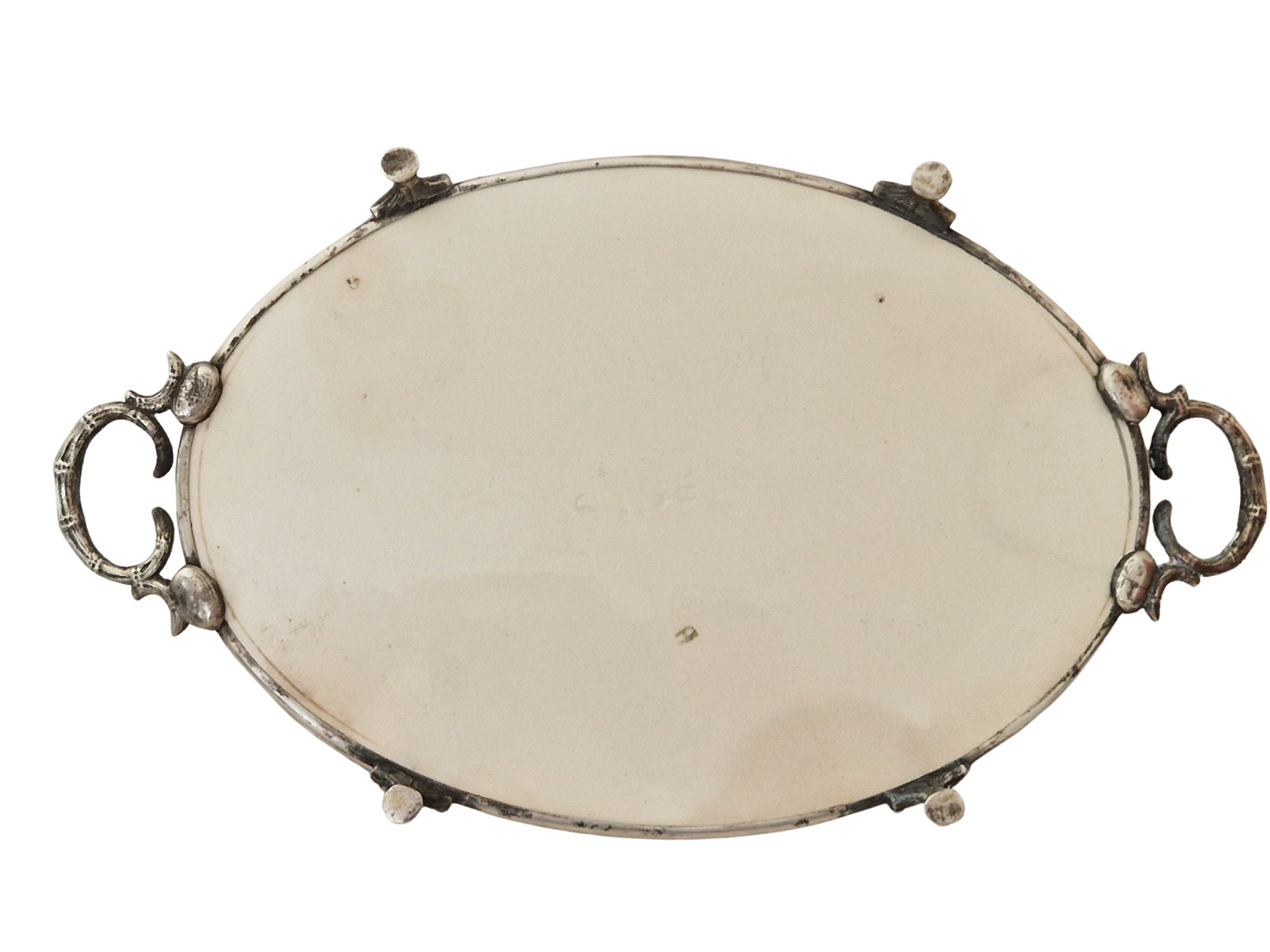 Antique Porcelain Serving Tray with Flower Transferware and Silver