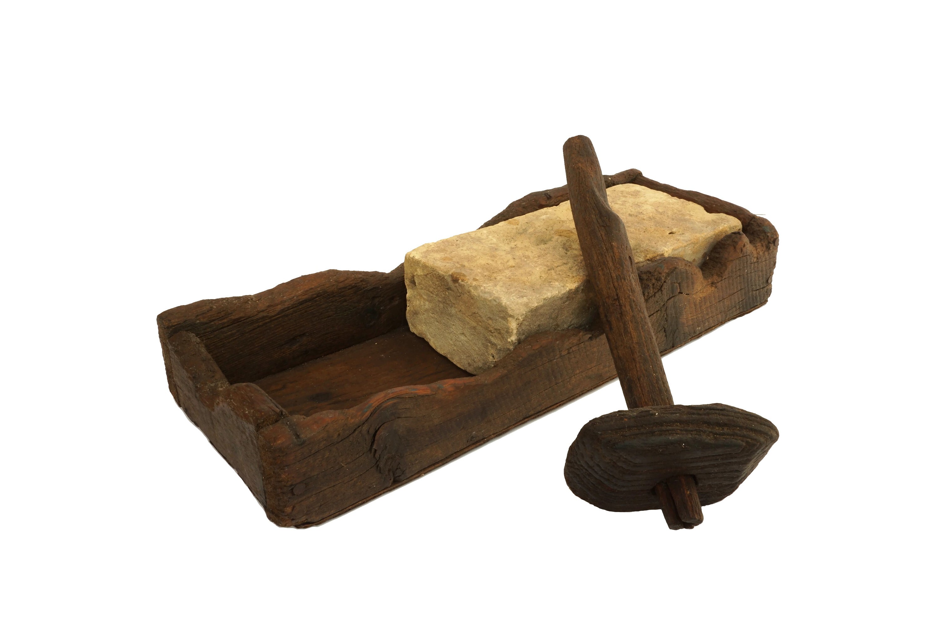 Casse-Français Antique avec Le Maillet en Bois et Bloc Pierre Découpée Dans La Boîte de Cadre Bois