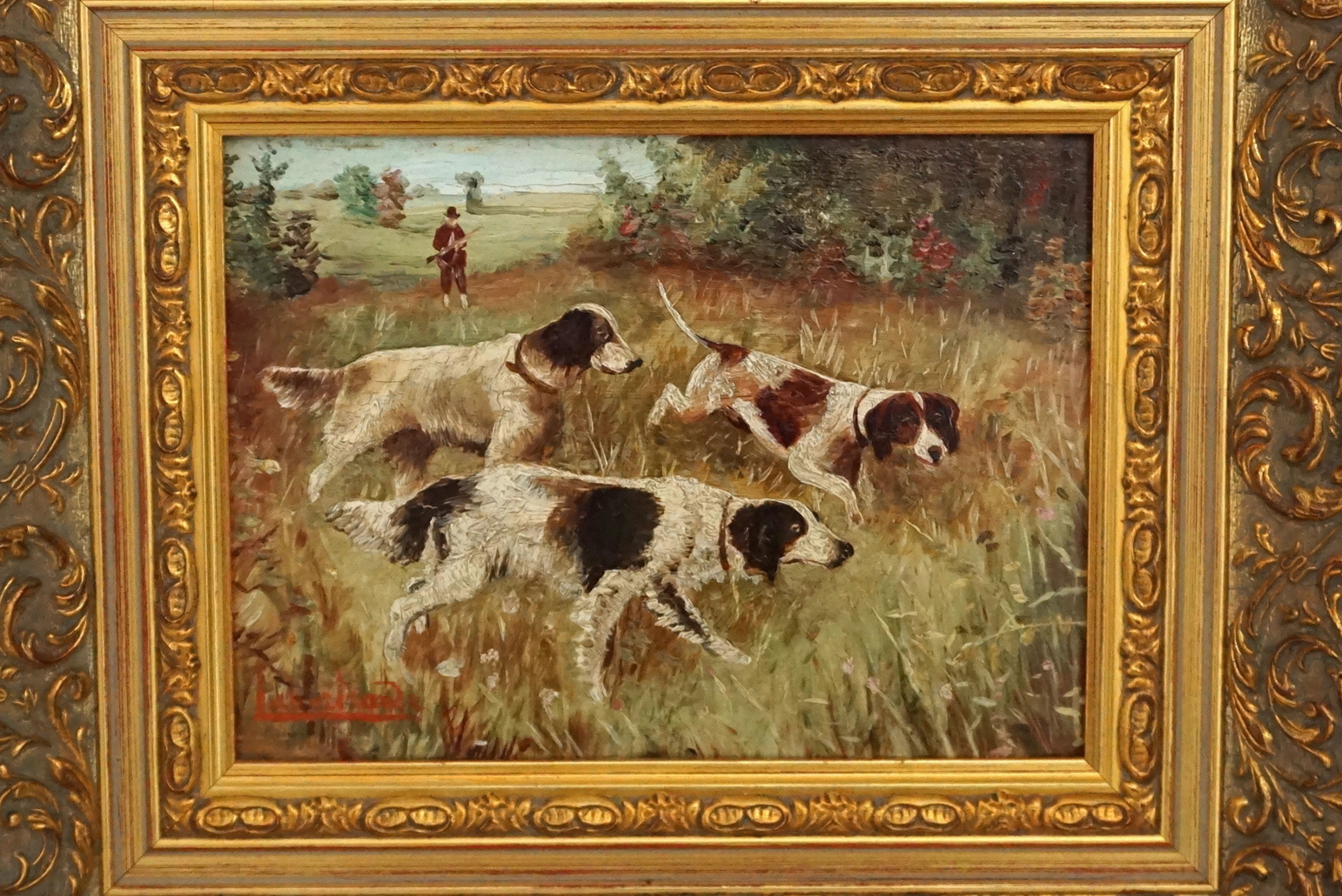 French Spaniel Hunting Dogs Oil Painting in Gold Frame, Antique