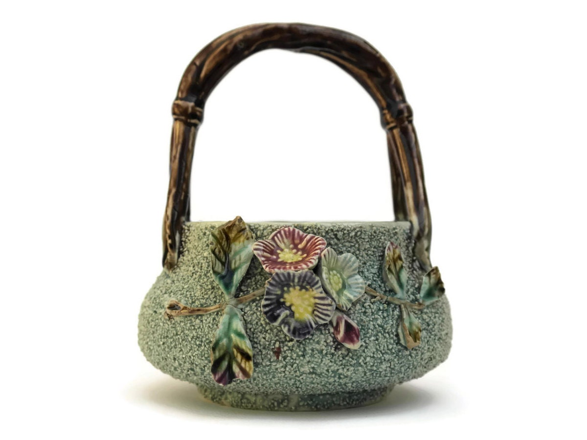 Antique Moss Ware Basket Vase with Applied Flowers. Victorian Flower China Vase. Art Pottery Vase.