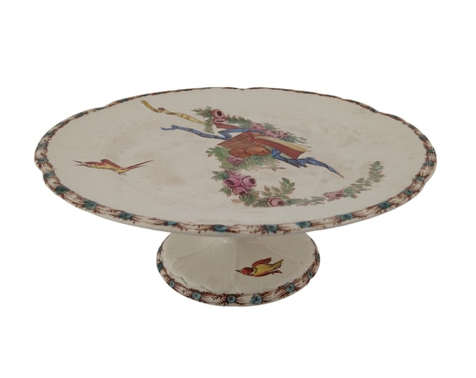 Antique French Transferware Cake Stand, Macaron Plate with Birds and Roses, Choisy le Roi Ironstone Pedestal Compote Dish