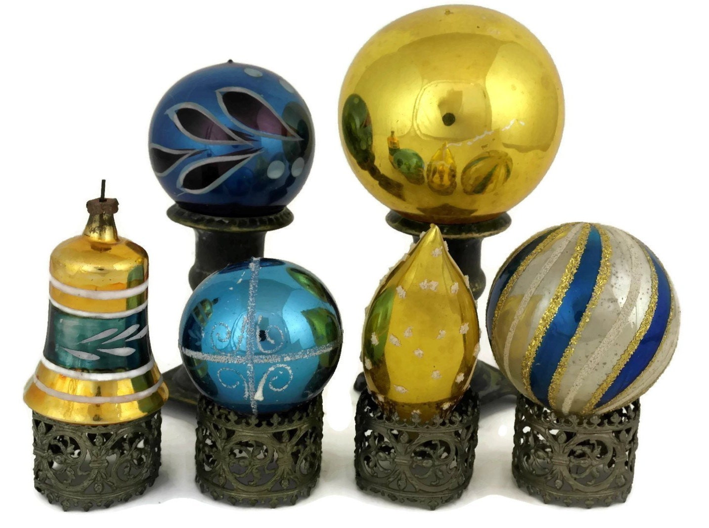 Vintage Blue and Gold Glass Christmas Ornaments.