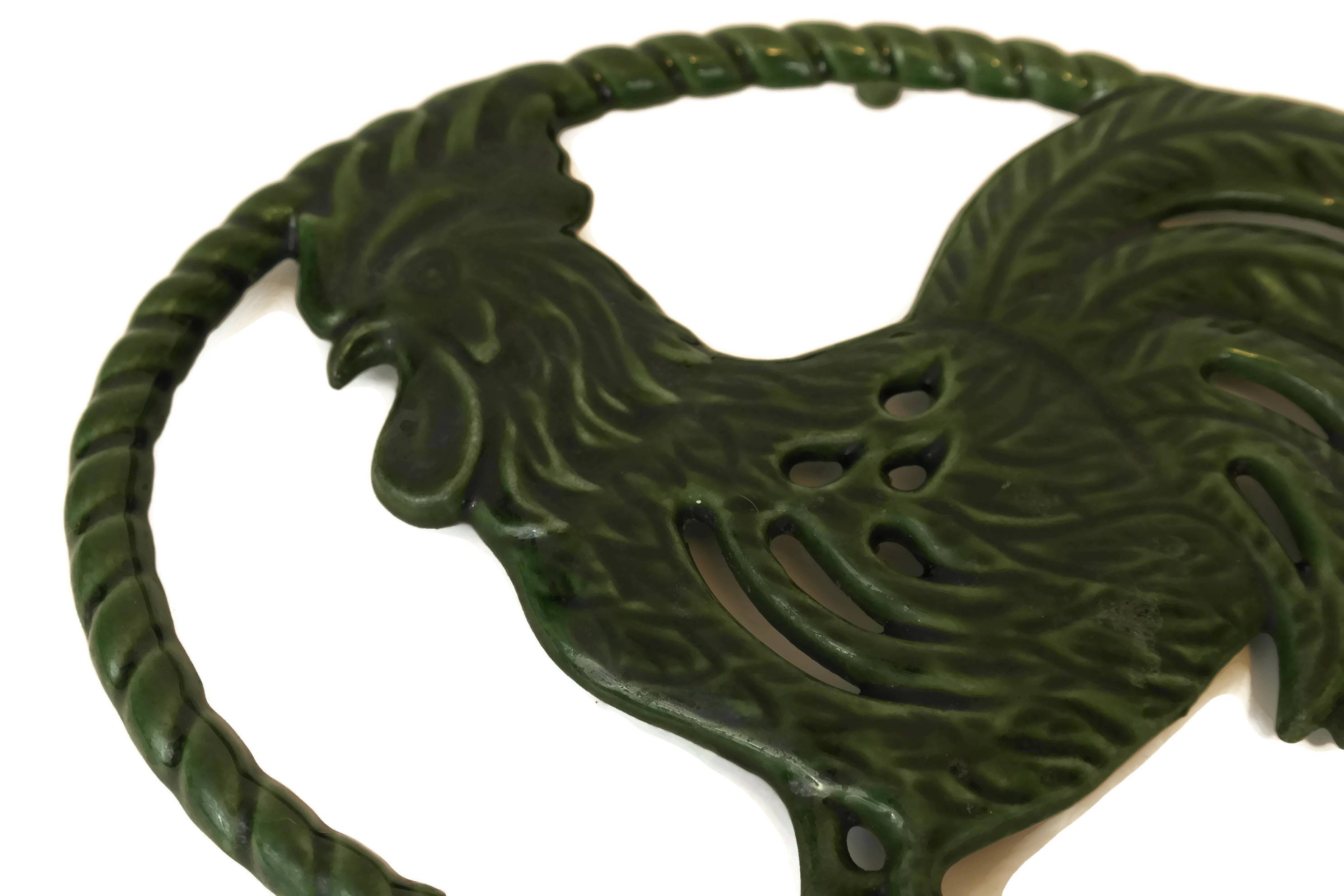 French Enamel Rooster Trivet. Vintage Pot Rest. Country Cottage Green