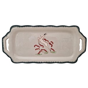 Art Deco Celadon Ceramic Cake Platter by Longwy with Hand Painted Enamel Gazelle, French Faience Snack Tray