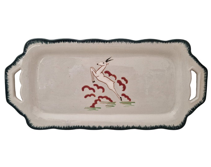 Art Deco Celadon Ceramic Cake Platter by Longwy with Hand Painted Enamel Gazelle, French Faience Snack Tray