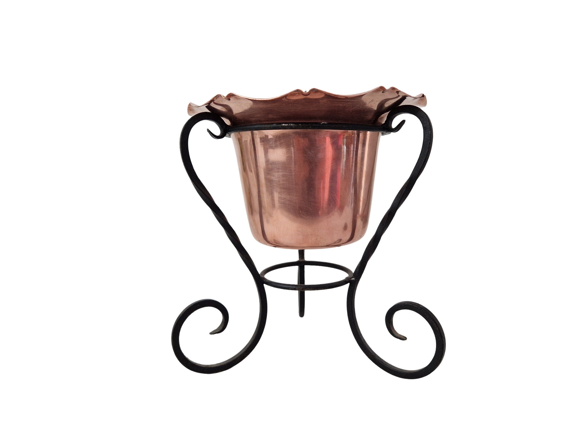 Mid Century French Copper Pot Plant Holder with Wrough Iron Stand by