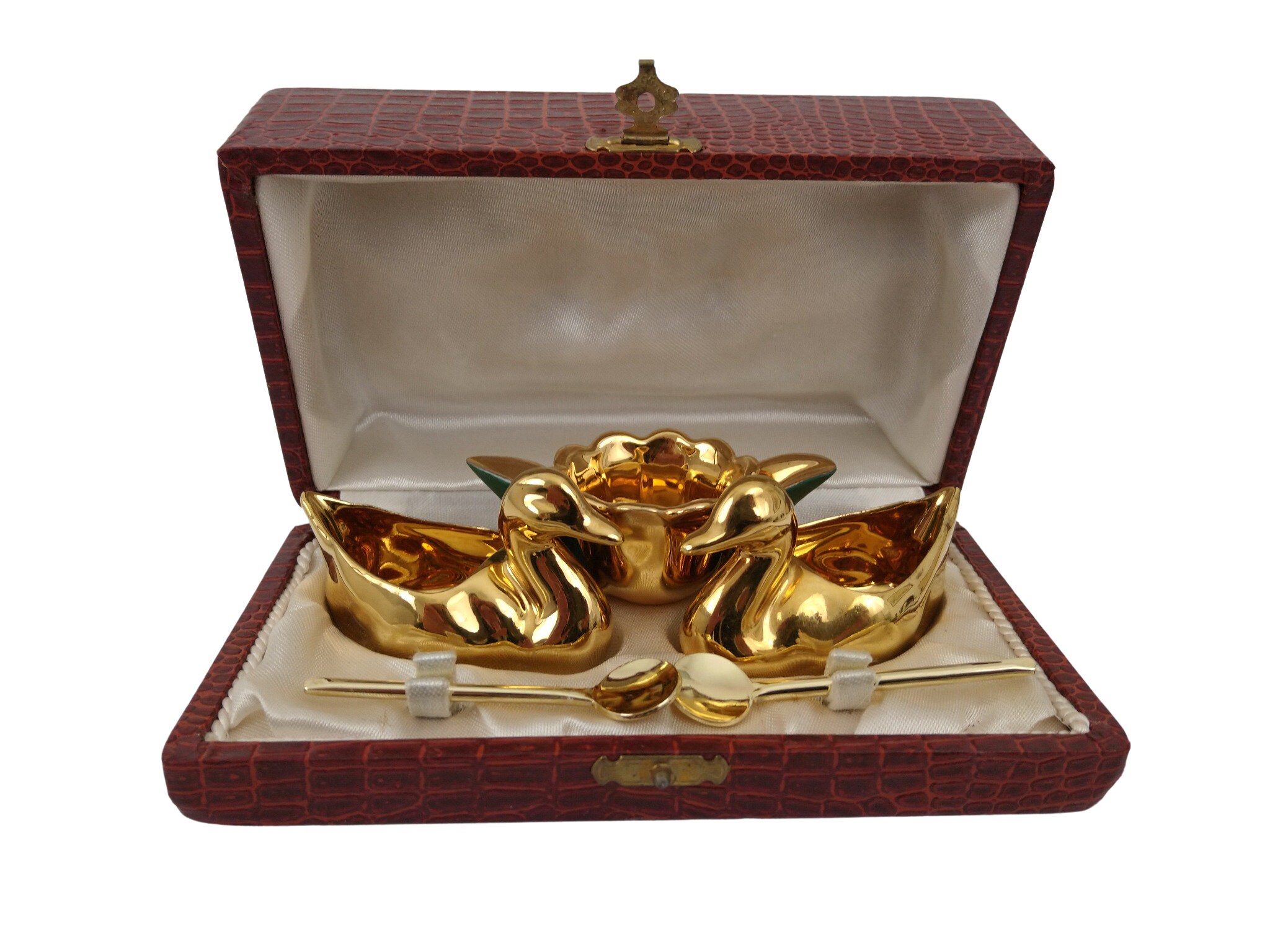 Français Gold Ducks Caves à Sel et Poivre avec Cuillères Pot Moutarde, Coffret Vintage Limoges Porce