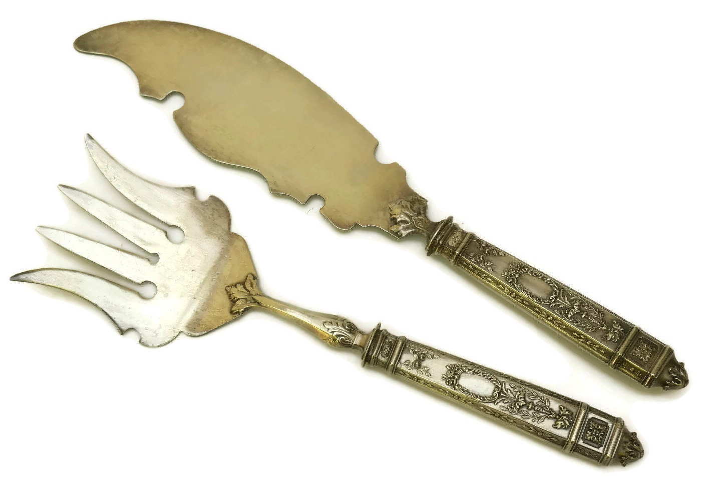 RESERVED for Jack. Antique French Silver Fish Servers, Engraved Knife