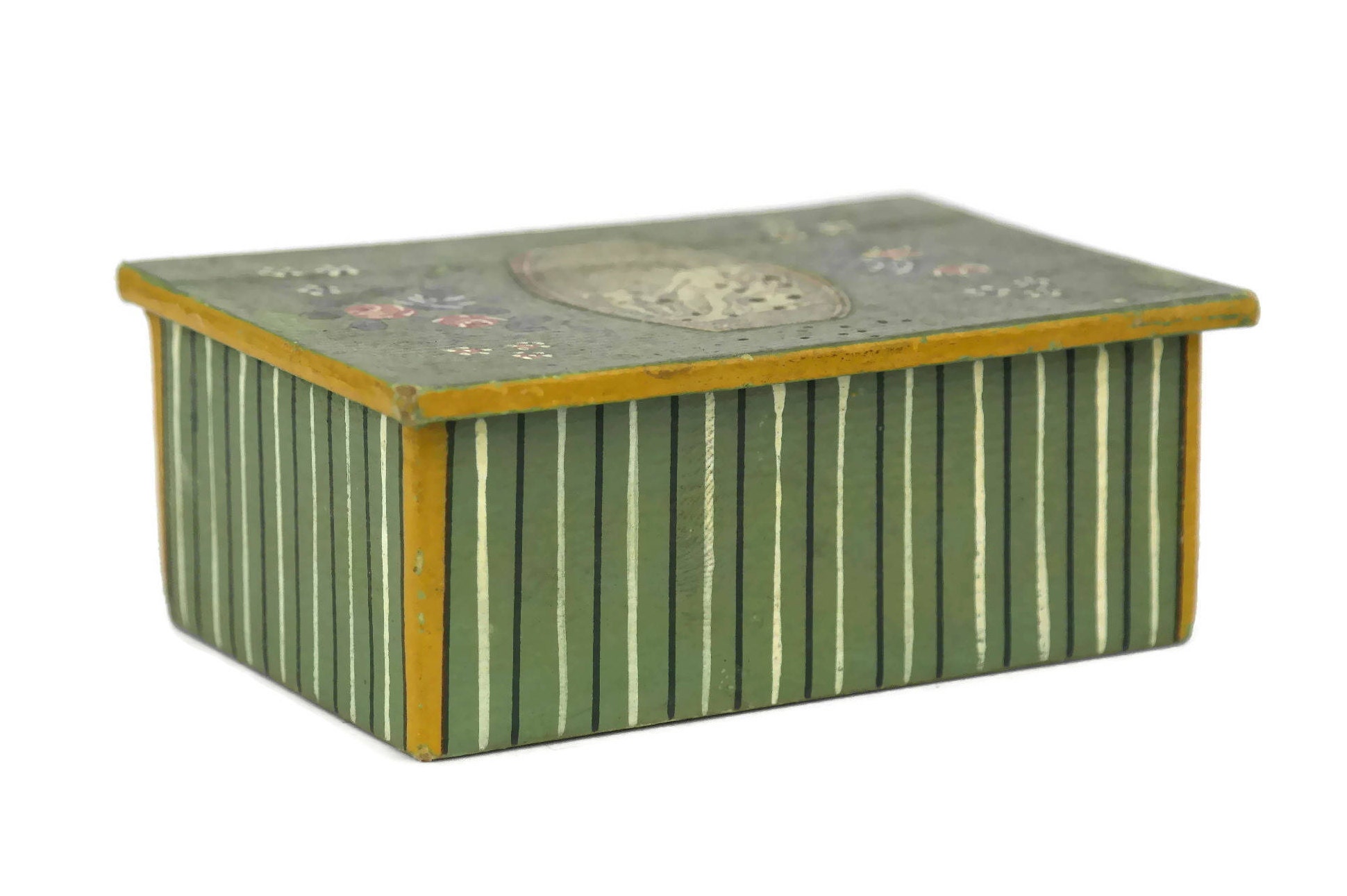 Antique French Match Box with Decoupage and Hand Painted Flowers.