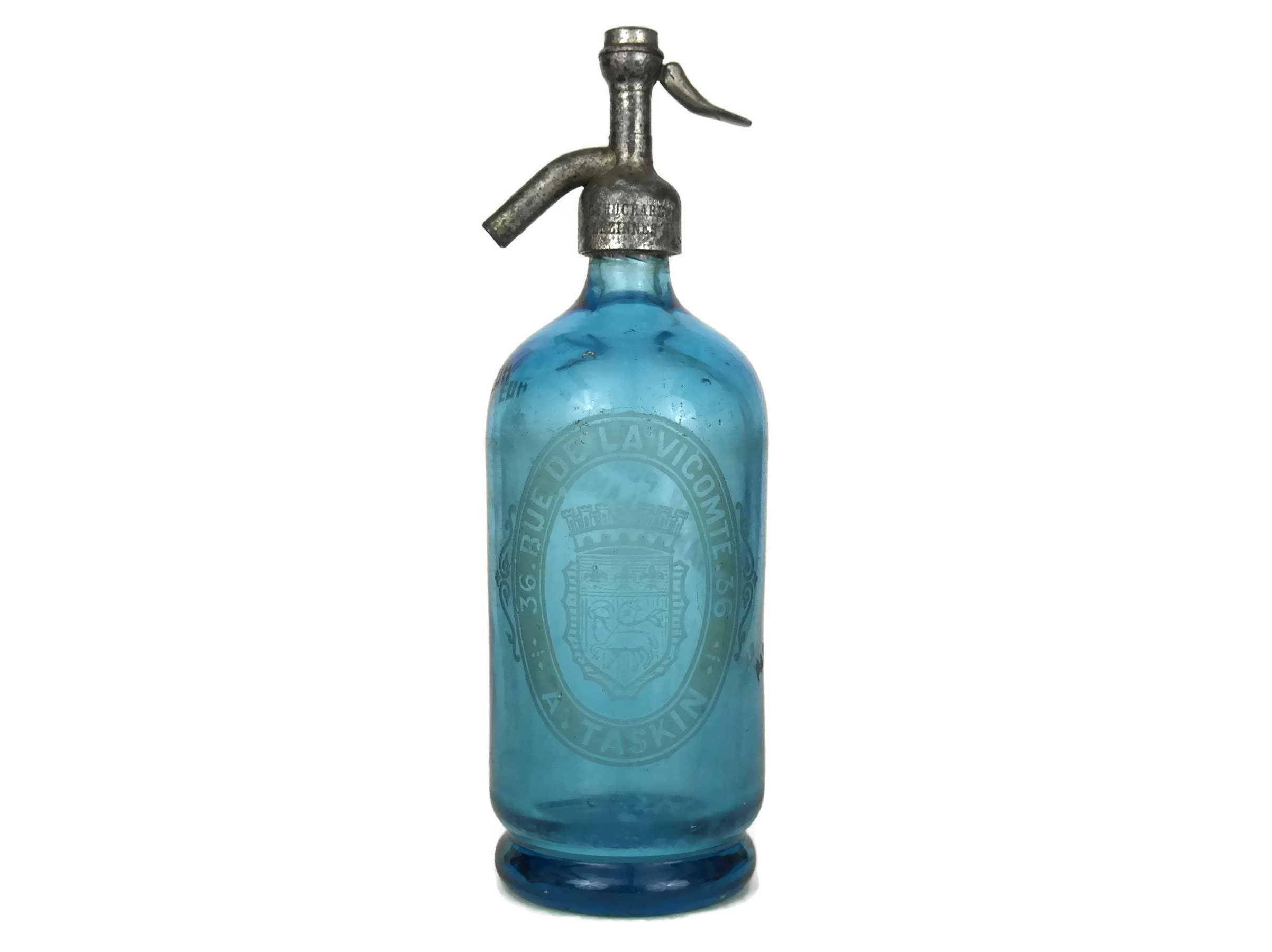 French Blue Glass Seltzer Bottle. Antique Soda Siphon.