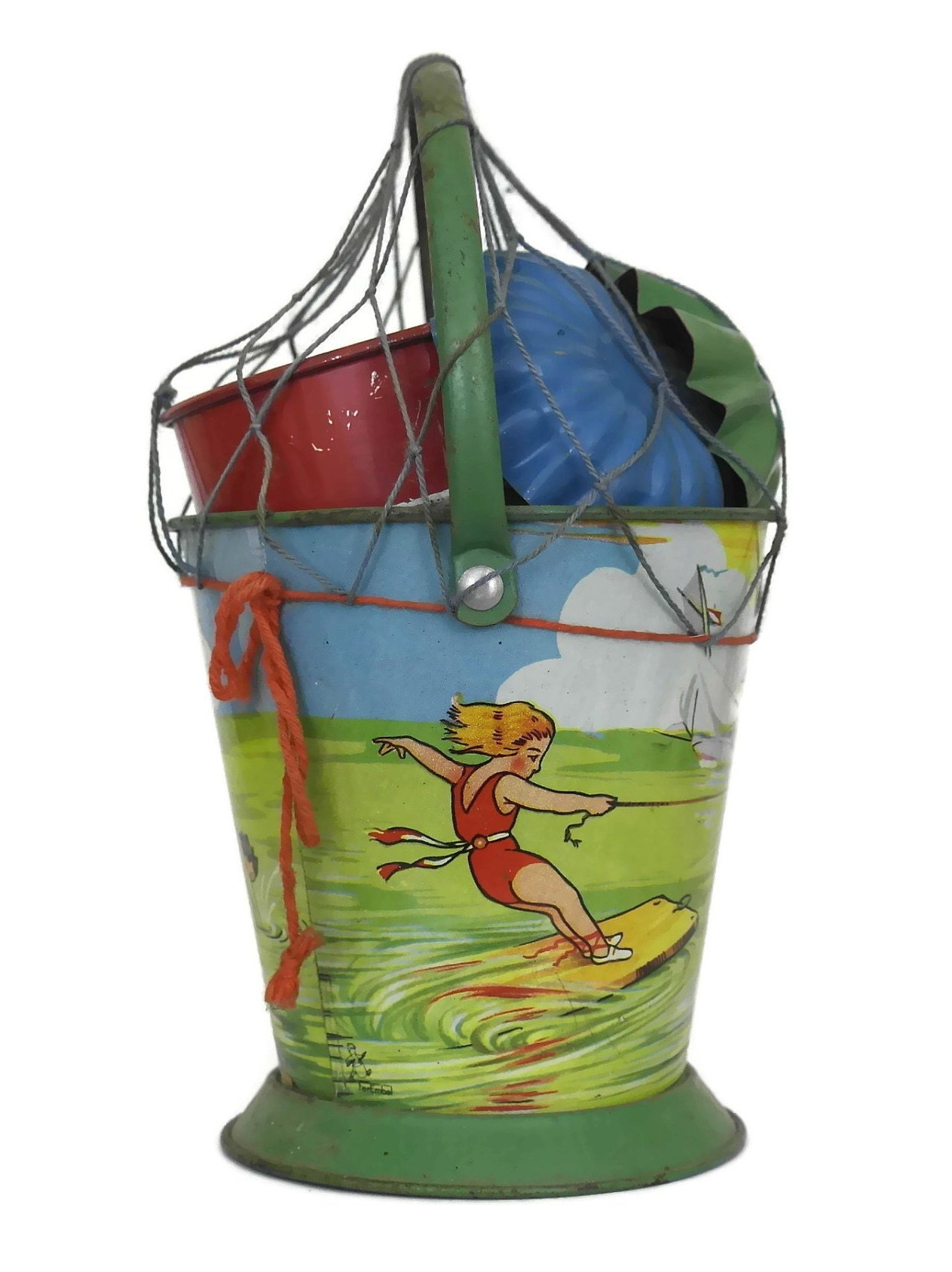 Vintage Beach Bucket and Sand Castle Mold Set