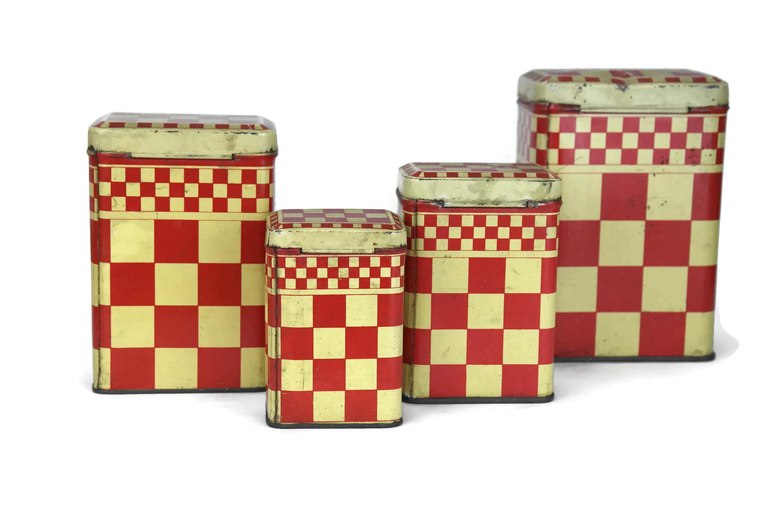 French Vintage Red Kitchen Canisters. Set of 4 Red Checkerboard