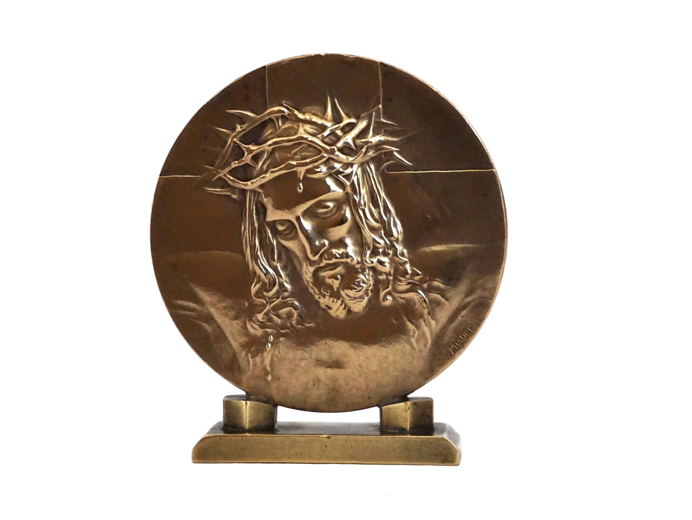 Small bronze medallion painting Christ with Links Haute Epoque