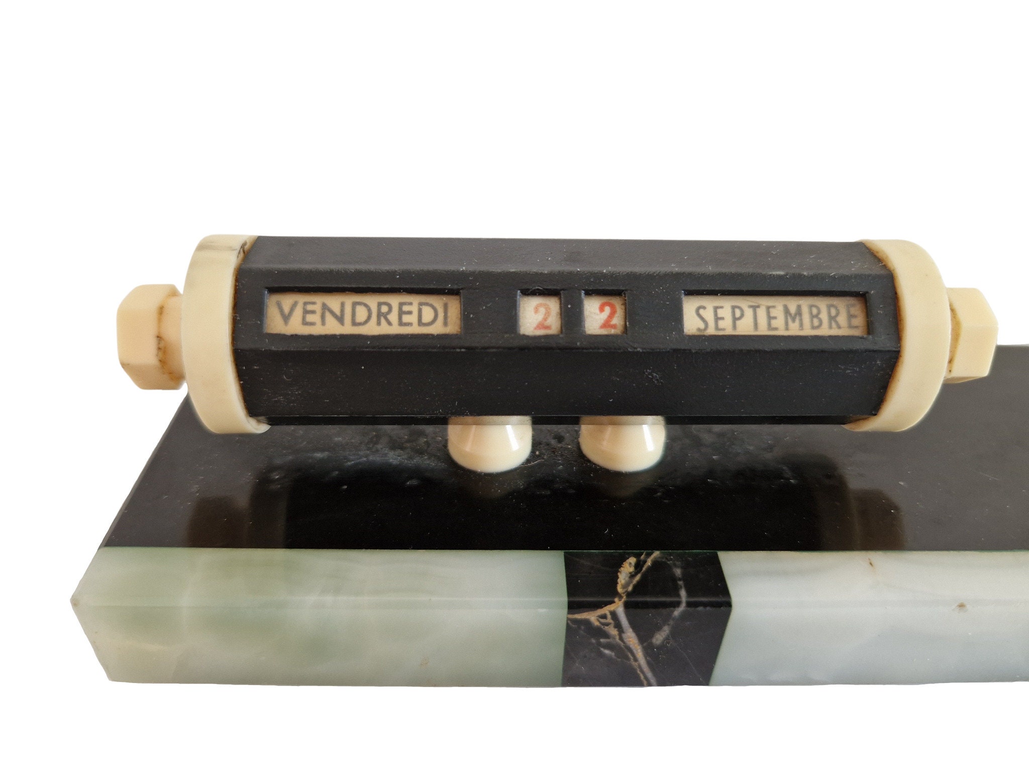 French Art Deco Perpetual Desk Calendar with Swan Figurine on Marble Base, Office Desktop Accessory