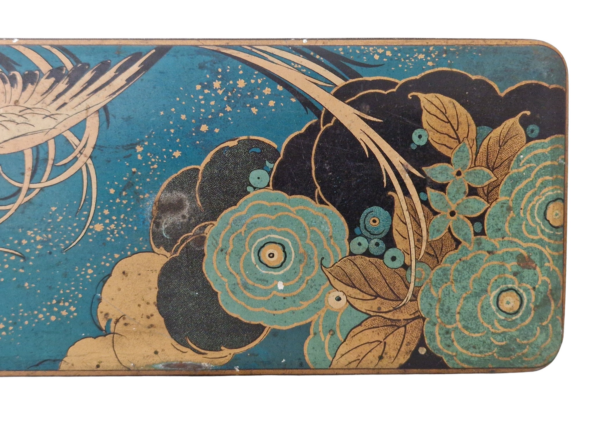 French Candy Tin Box with Art Deco Flowers and Crane Bird, Teal and
