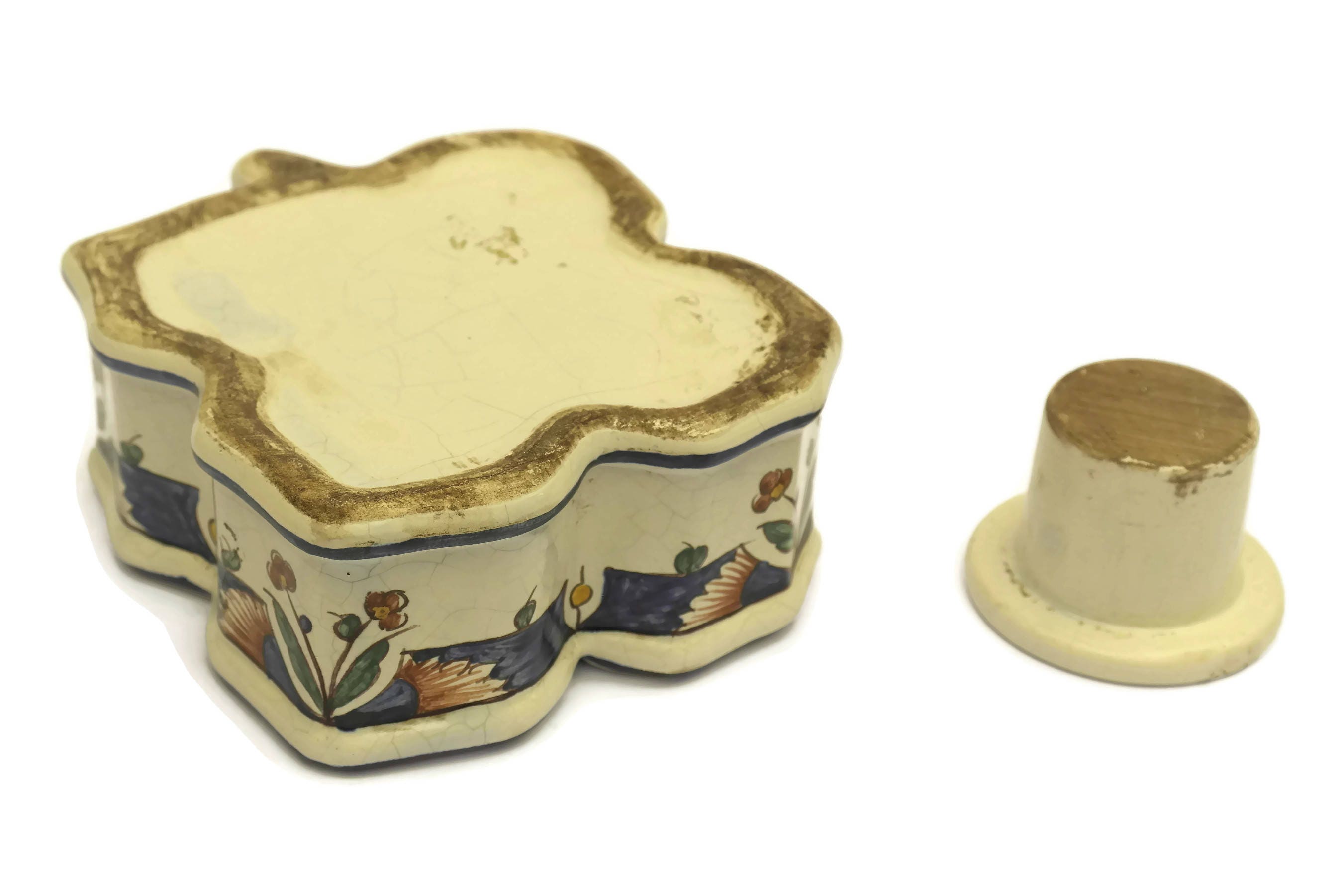 Antique French Faience Inkwell and Pen Stand, FourLeaf Clover Hand