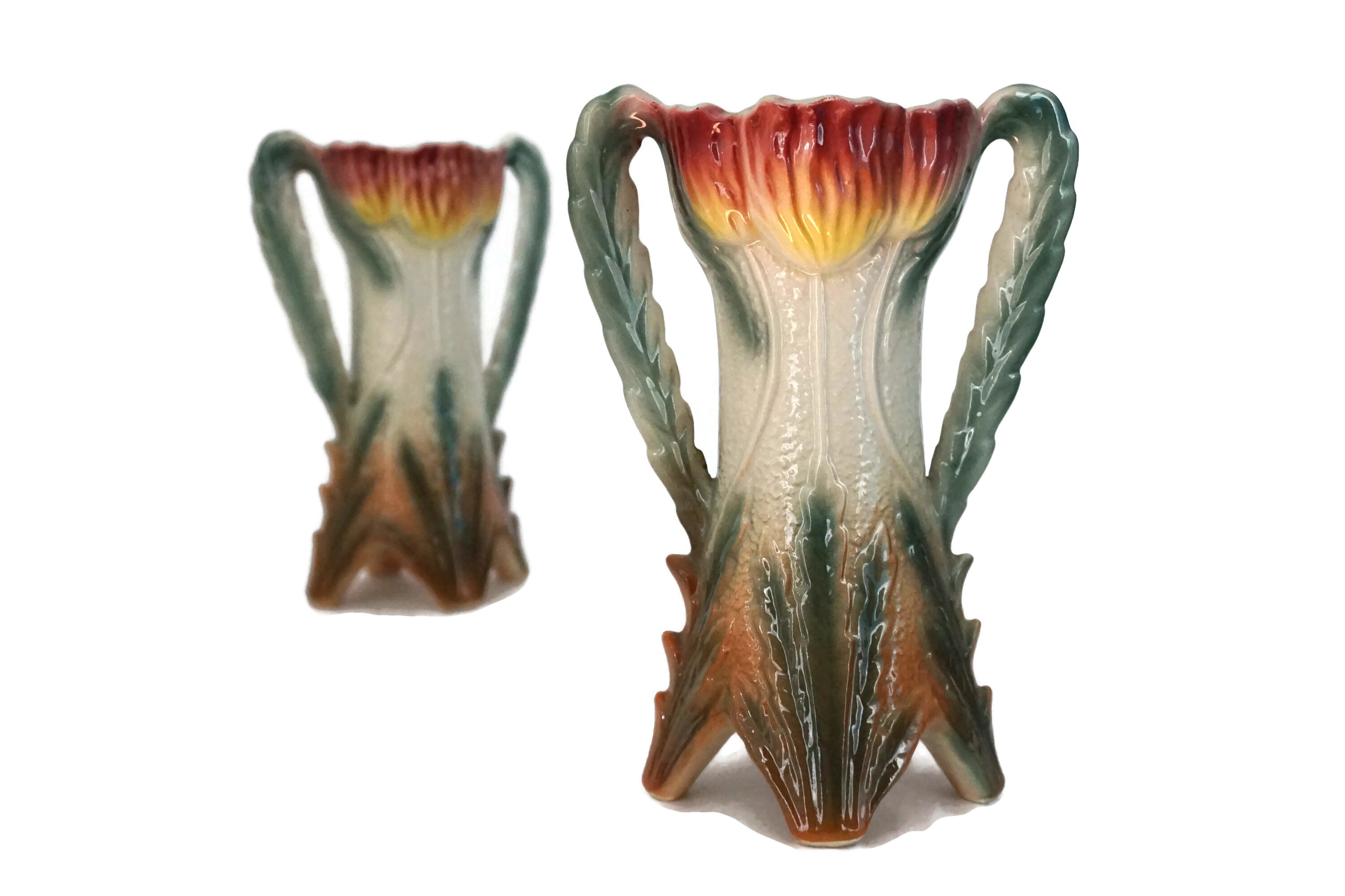 Art Nouveau Ceramic Tulip Vases, Pair of Antique French Majolica Flower