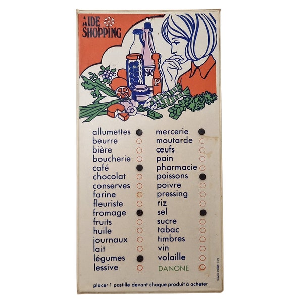 1970s French Kitchen Shopping List Reminder Board, Retro Vintage Wall Hanging Memo Plaque