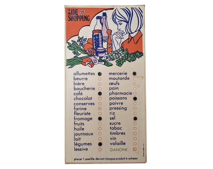 1970s French Kitchen Shopping List Reminder Board, Retro Vintage Wall Hanging Memo Plaque