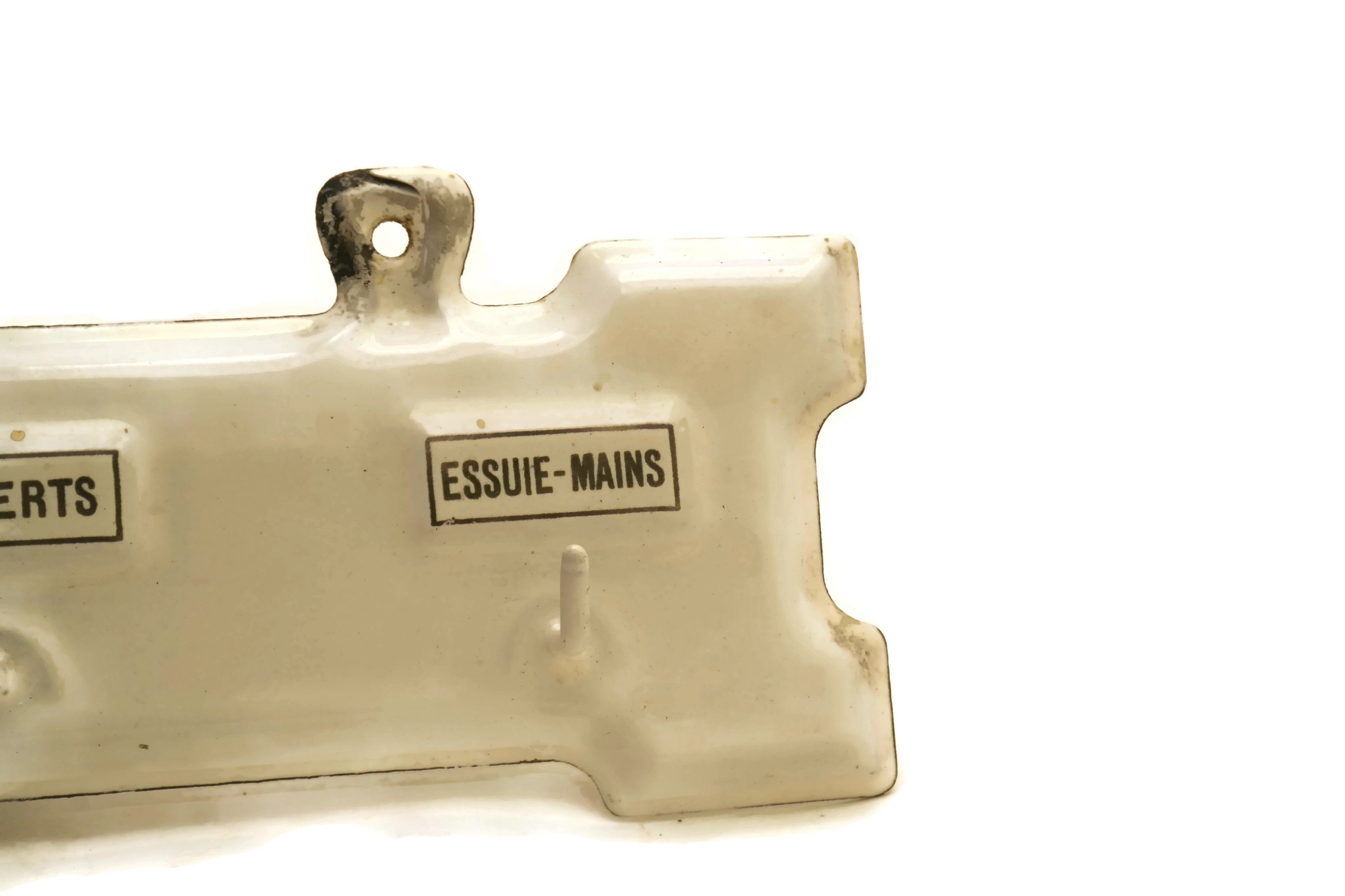 French Vintage Tea Towel Holder. Art Deco Dish Cloth Hooks. White